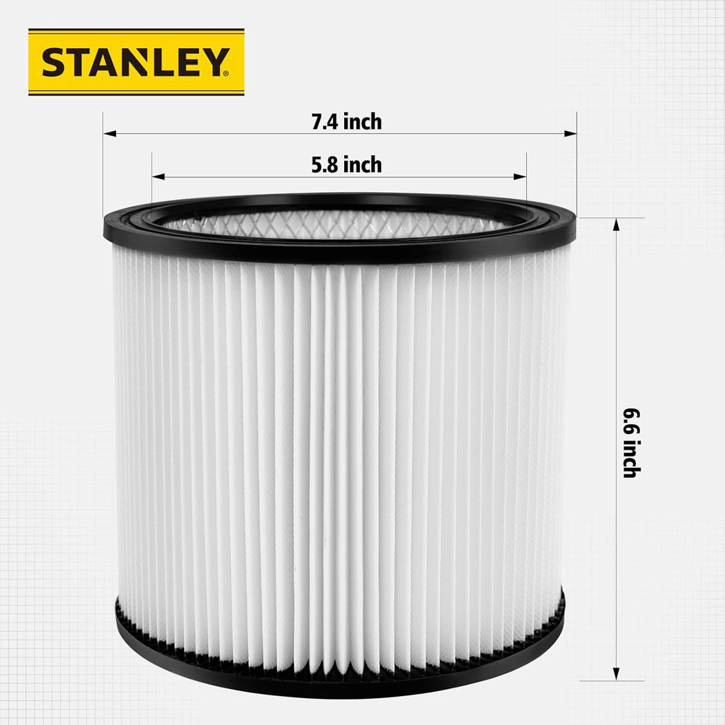Stanley 08-2566B High Efficiency Shop Vac Filters, Replacement Cartridge Filter Fit for Most 5-18 Gallon Wet Dry Vacuum Cleaners, Shop Vacuum Wet and Dry Accessories