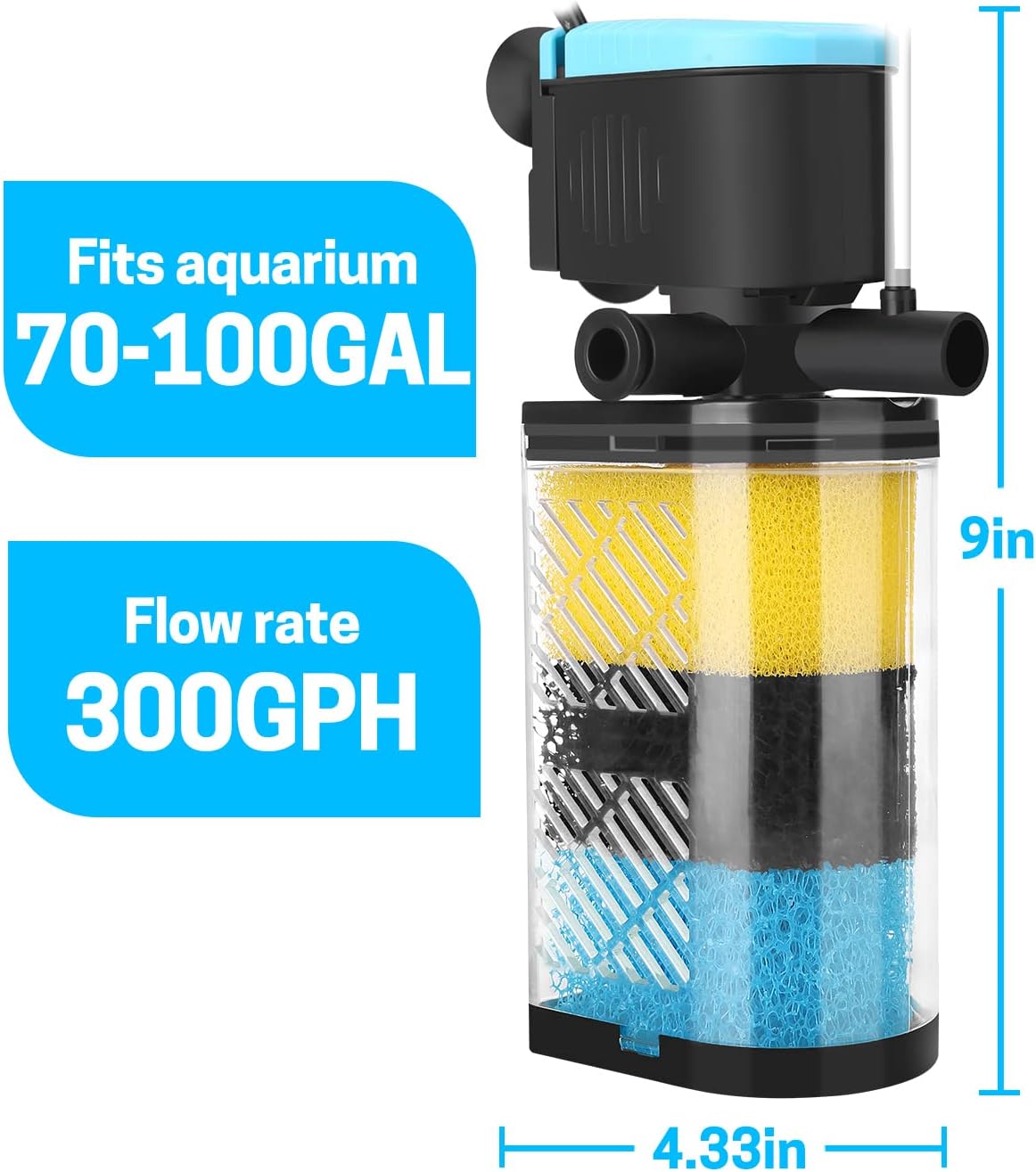 AquaMiracle Aquarium Filter 3-Stage in-Tank Filter Internal Fish Tank Filter Turtle Filter for 70-100 Gallon Fish Tanks with Dual Water Outlet & Aeration