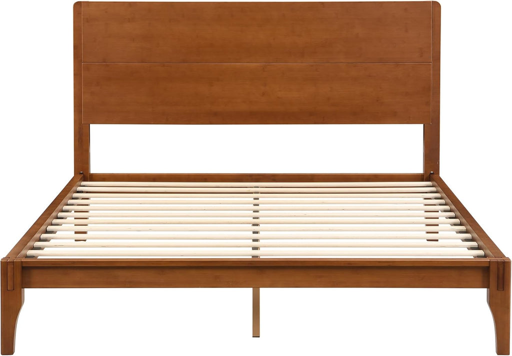 Merax Mid Century Queen Bed Frame with Headboard, Bamboo Wood Platform Bed Frame Queen Size with Wood Slat, Heavy Duty Steel Center Beam for Support, Under Bed Storage, No Box Spring Needed, Brown