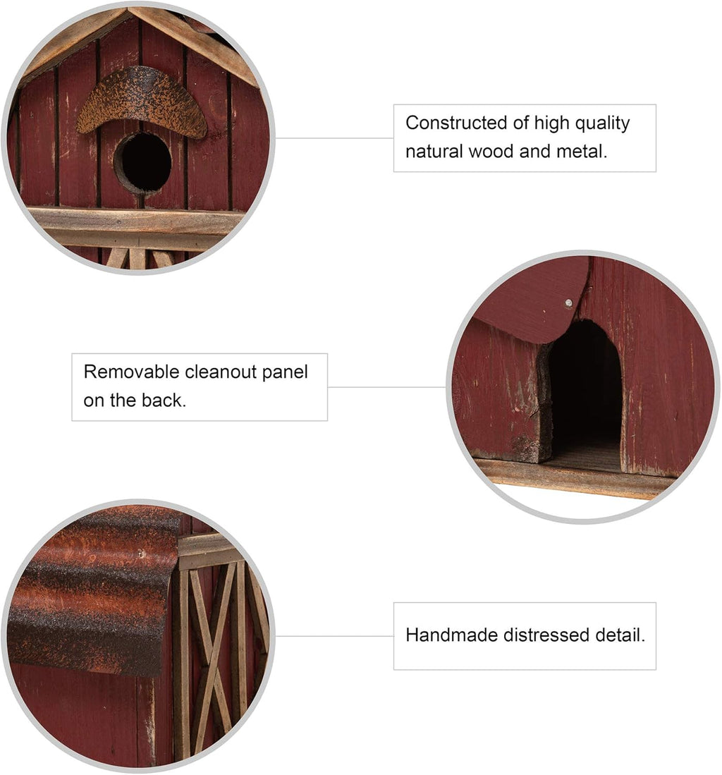 glitzhome 10.2" H Rustic Bird House Outdoor Garden Red Barn Patio Garden Decorative Handmade Distressed Solid Wood Birdhouse