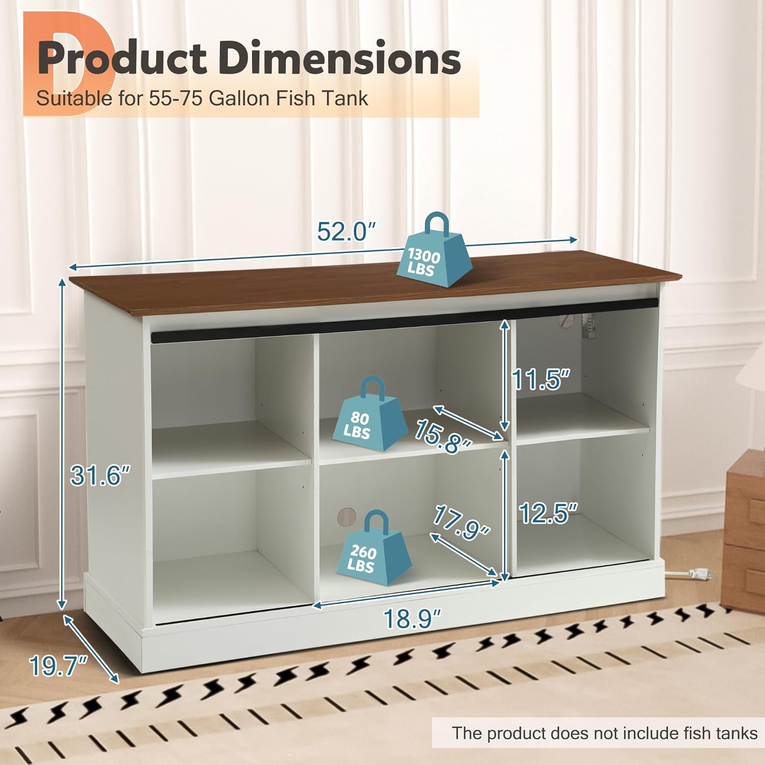Fish Tank Stand with Power Outlet, Aquarium Stand w/Sliding Barn Doors, 55-75 Gallon Fish Tank Stand w/Cabinet for Accessories Storage for 2 Fish Turtle Tank Reptile Terrarium, 1000 LBS (White)