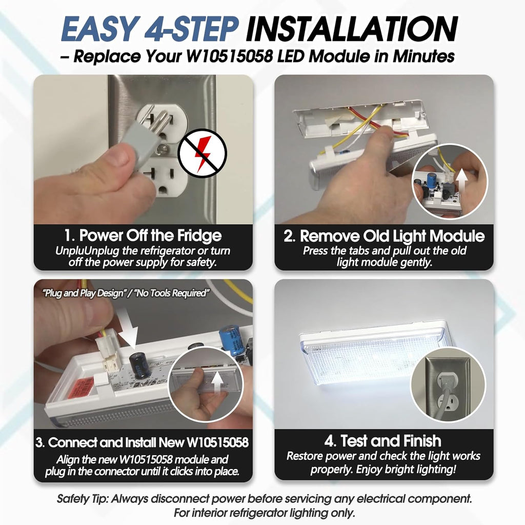 New W10515058 LED Light Module Replacement, Compatible with Whirlpool, Maytag and Kenmore Refrigerator Models, Replaces W10465957 W10515057 W10695459