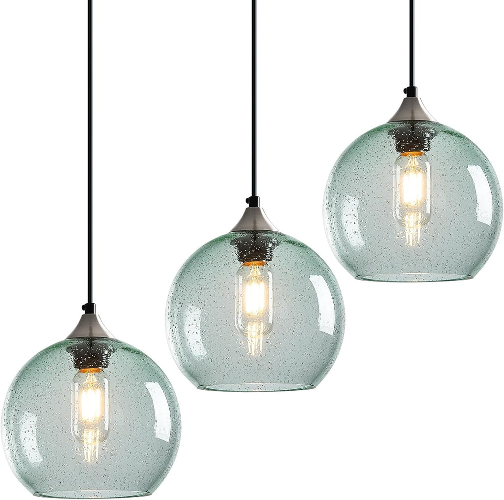 Light Green Glass Pendant Lights Kitchen Island Lighting Globe Pendant Light Fixtures Modern Pendant Lighting for Bedroom Living Dining Room Light Fixture (7.87 in, 3 Pack)