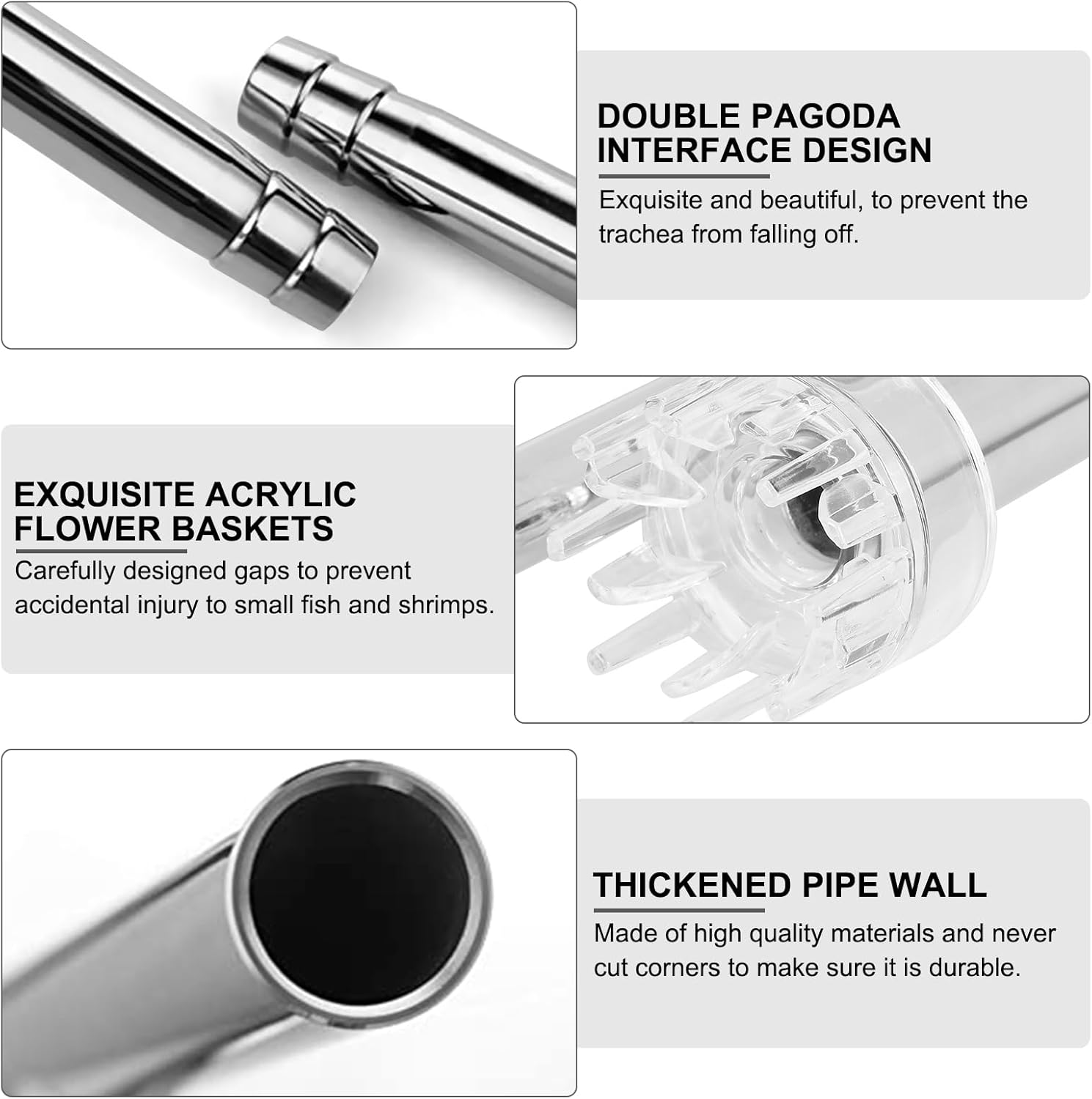 EVTSCAN Aquarium Surface Skimmer Pipe Set Stainless Steel Metal Lily Pipe Inflow Outflow Pipe with Adjustable Water Flow Acrylic Baskets for Water Plant Tanks (16mm)