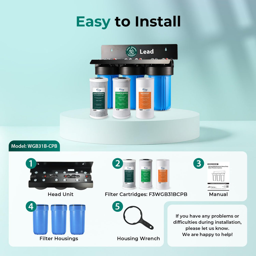 iSpring 3-Stage Whole House Water Filter System, SGS-Tested to Remove Up to 99% Lead, Reduces Chlorine & Sediment, Whole Home Water Filtration System w/ 10” x 4.5” Filters, Model WGB31B-CPB