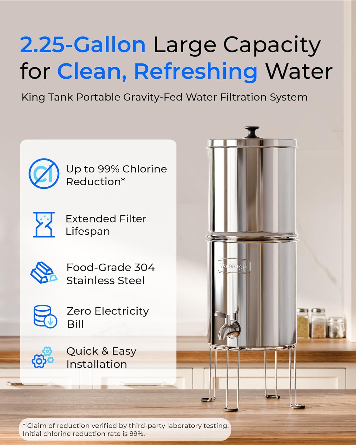 Waterdrop Gravity-fed Water Filter System, Reduces Lead and up to 99% of Chlorine, NSF/ANSI 42&372 Standard, with 2 Black Carbon Filters and Metal Spigot, King Tank Series