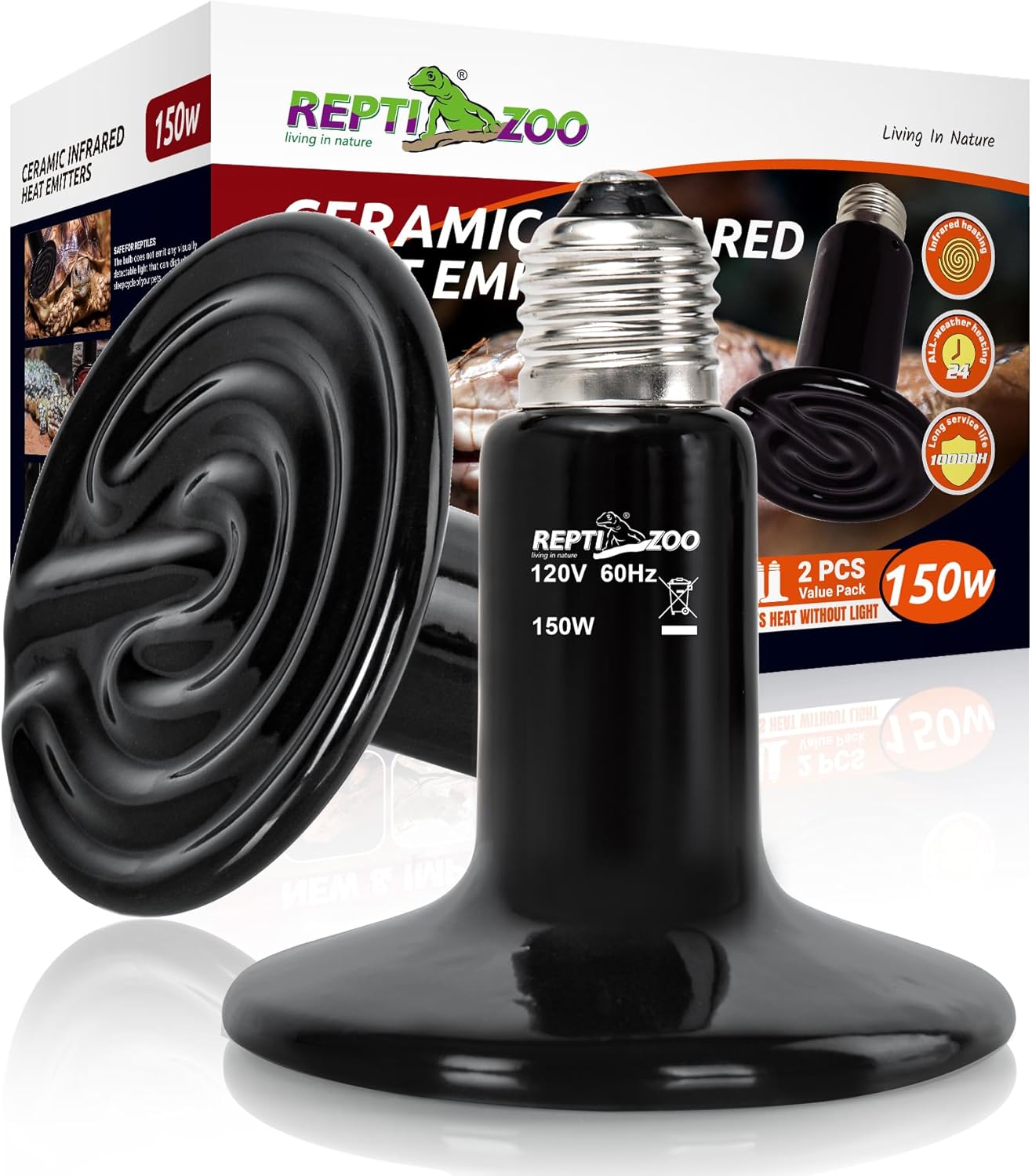 REPTI ZOO 150W Reptile Heat Lamp 2Pack Ceramic Heat Emitter Night Heat Lamp Bulbs Reptile Terrarium Heat lamp Tank Heat Bulb for Turtle Bearded Dragon Gecko Lizard Snake Chicken E26