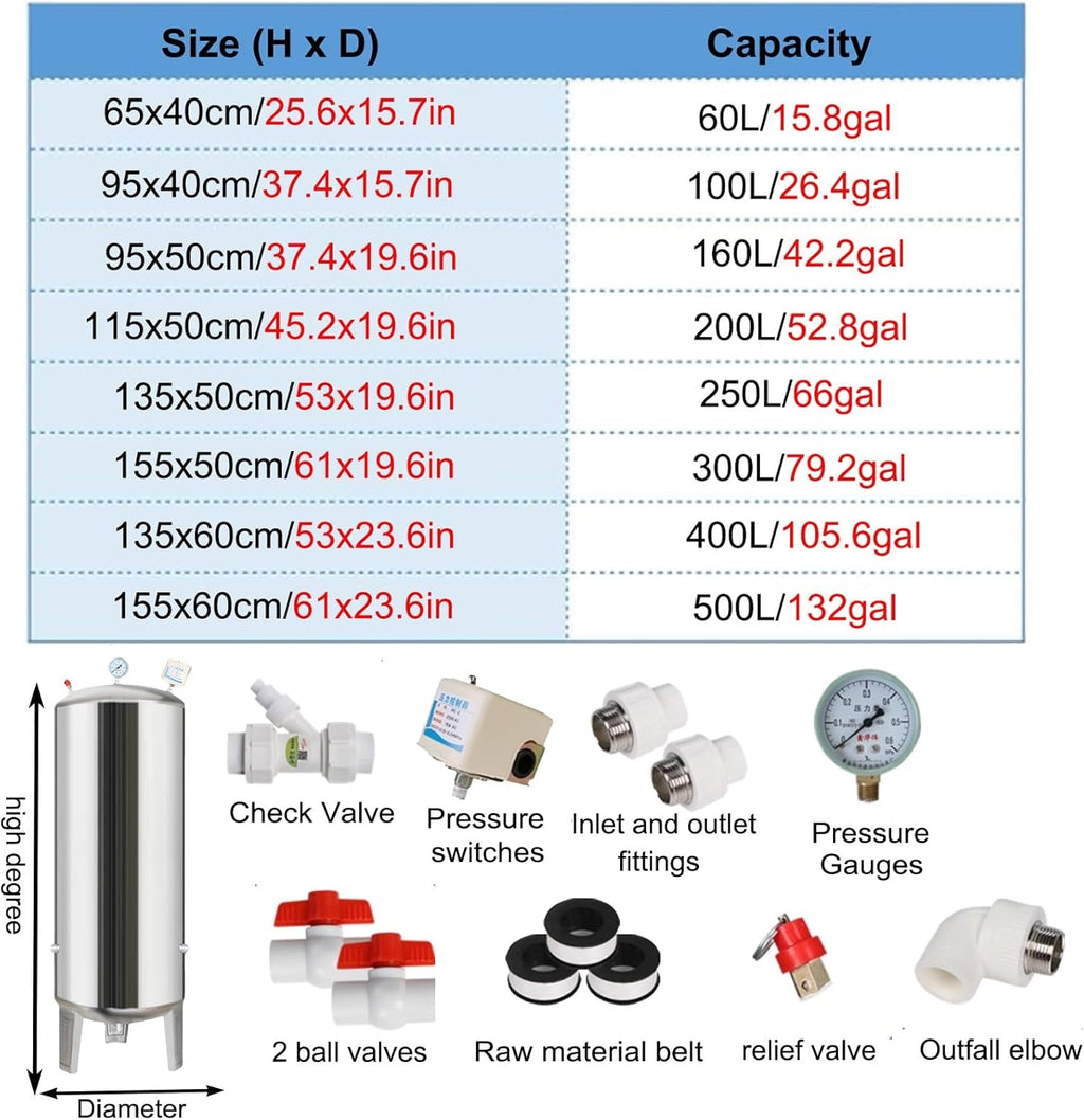 Water Supply System, Fully Automatic Well Water Storage Tank, Stainless Steel Pressure Tank with mounting Fittings for Well/Industrial Cleaning/Garden Watering(300L/79.2gal)