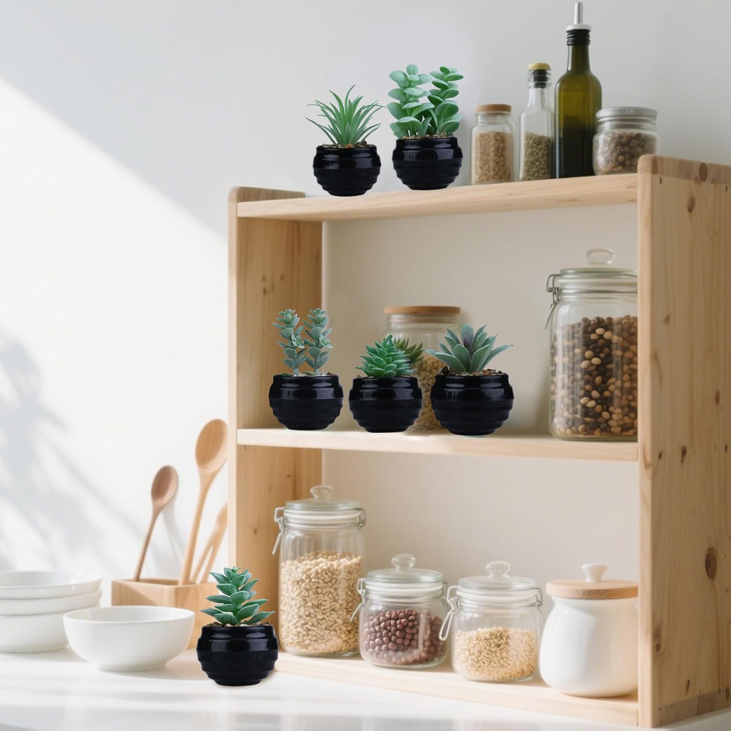 GREENTIME 6 Pcs Green Artificial Succulent Plants in Mini Black Plastic Pots Small Fake Succulent Plant Faux Indoor Decor Bedroom Desk Bathroom Office Living Room Table Shelf Home Decoration