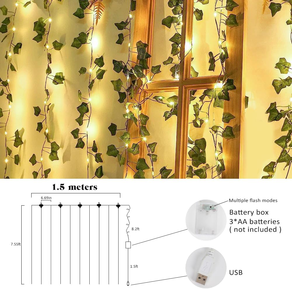 RECUTMS Vines with Lights Strings 59 Inches Wall Leaves Artificial Ivy Greenery Garland Fake Green Decorations Hanging Silk Leaf Plant All Year Round for Garden Office Wedding Table