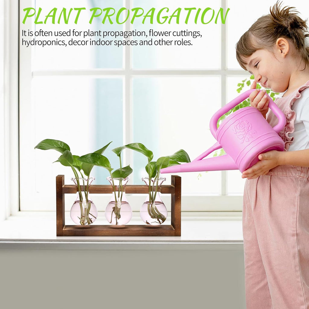 Plant Propagation Station Plant Terrarium Unique Birthday Gifts for Women Home Office Decor Planter with Wooden Stand - 3 Bulb Glass Vase