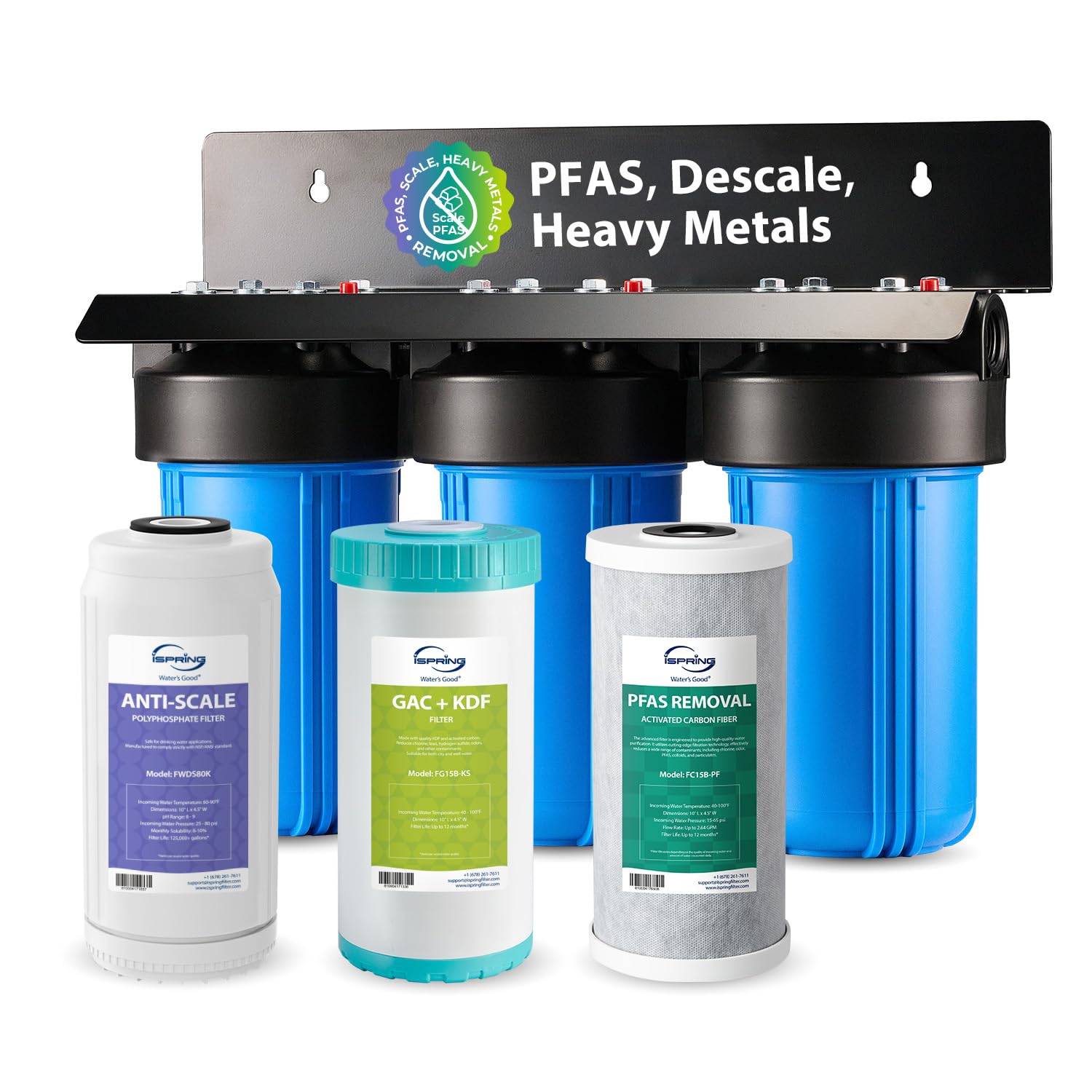 iSpring 3-Stage Whole House Water Filter System, SGS-Tested to Remove Up to 99% PFAS, Reduces Scale, Heavy Metals, Corrosion, Lead, Chlorine, 10” x 4.5” Filters, 1” NPT Ports, Model: WGB31B-PFKDS