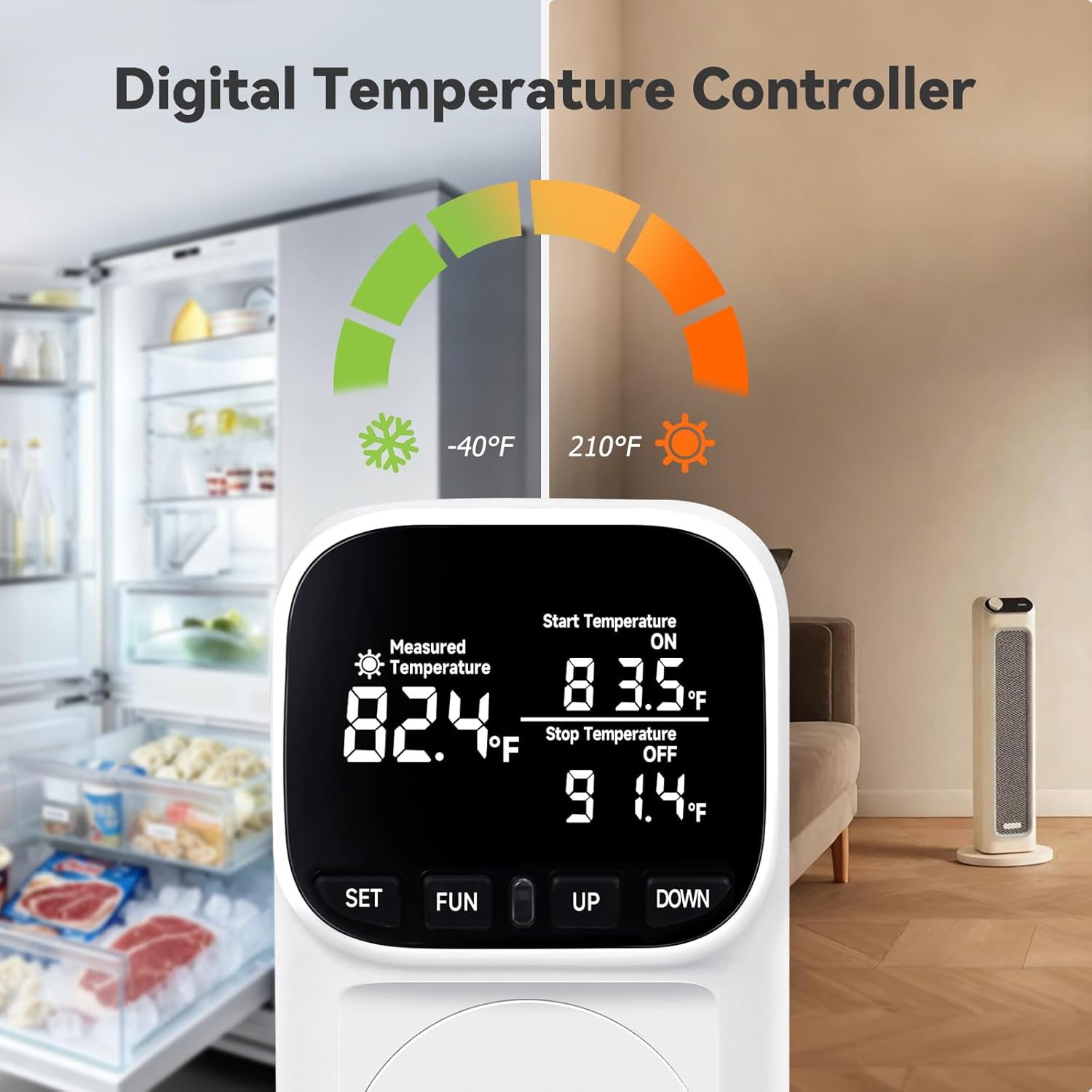 Digital Thermostat Outlet, Plug in Thermostat for Heater, Reptile & Greenhouse - 15A/1800W Temperature Controlled Plug with VA Display, Cyclic Timing/Countdown (-40°F~210°F), White