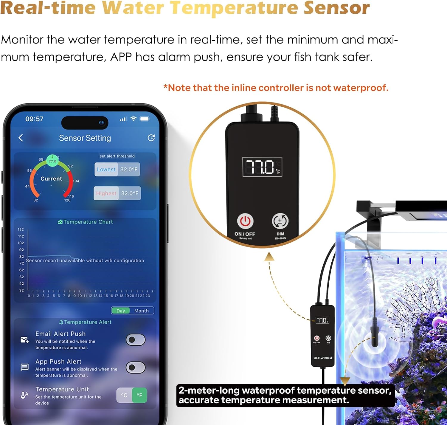 GLOWRIUM Saltwater Aquarium Light, Smart Reef Coral Fish Tank Light with Bluetooth + WiFi Dual Control App, DIY Spectrum, Brightness Adjustable, Anti-Drop, Real Time Water Temperature Sensor(18-24 in)