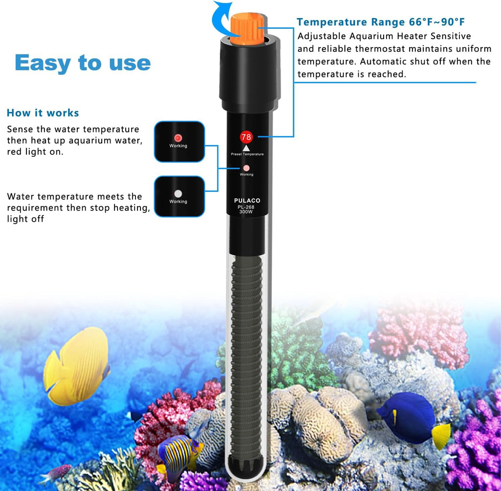 PULACO 300Watt Aquarium Heater for 40-50 Gallon Fish Tank, Adjustable Submersible Heater Thermostat with Thermometer Strip and Suction Cup