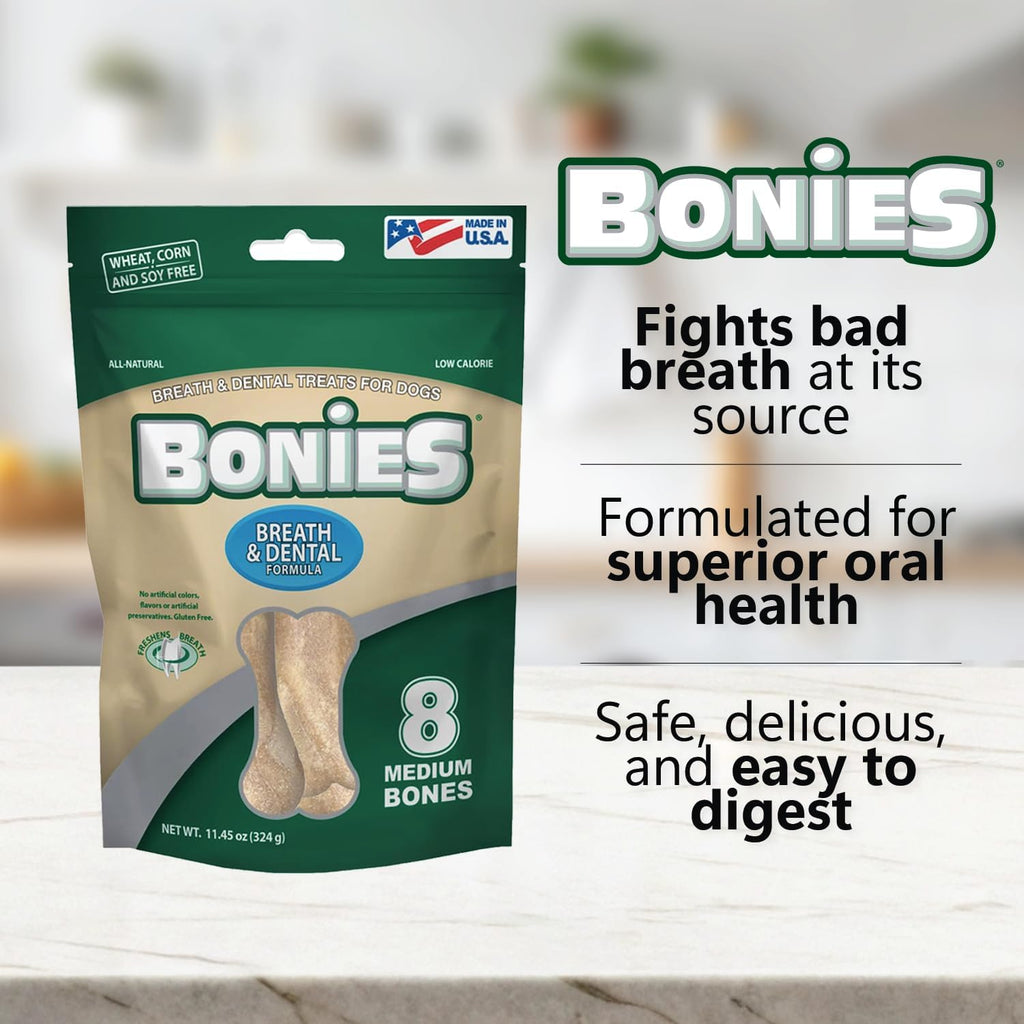 Bonies Breath and Dental Formula Treats for Dogs, All-Natural Ingredients, Fresh Breath, Cleans Teeth, Low Calories, Chicken Flavor - Medium, 8 Bones, 11.45-oz