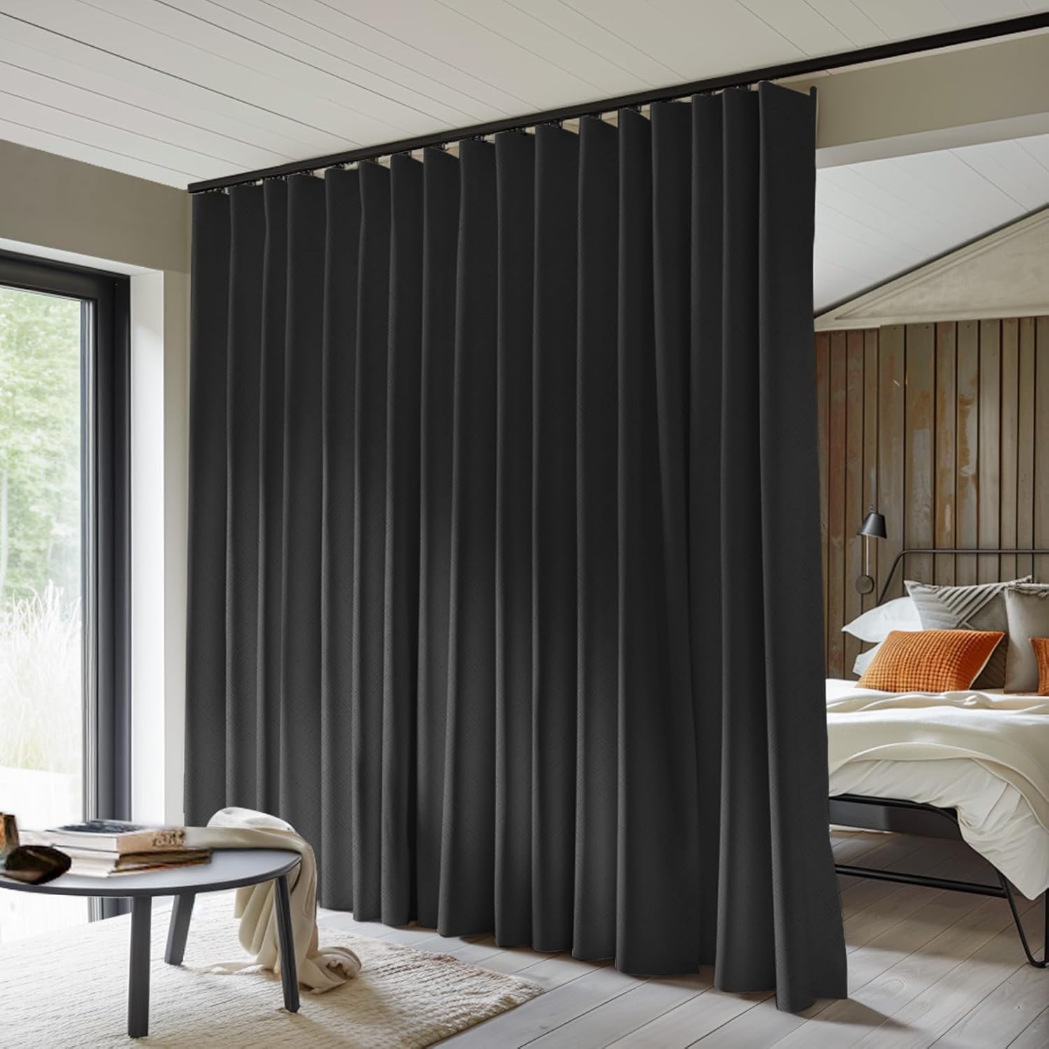 Room Divider Curtains Total Blackout Privacy Curtain Panel Room Thermal Insulated Noise Reduction Curtains for Bedroom Window Living Room Ceiling Track Curtain W 12.5 ft × H 8ft Black