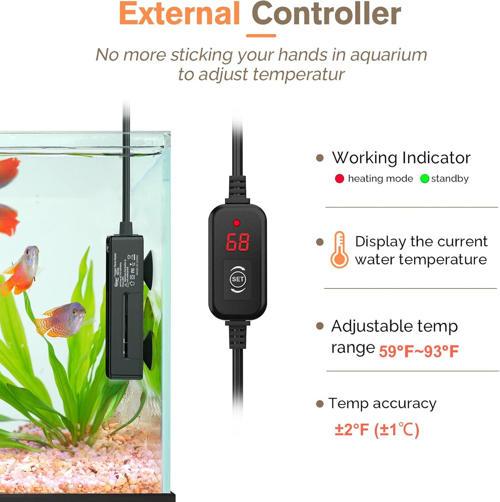 hygger Mini Fish Tank Submersible Heater 20W for 1-5 Gallons Desktop Betta Aquarium Heater with Digital Display Controller Adjustable Temperature