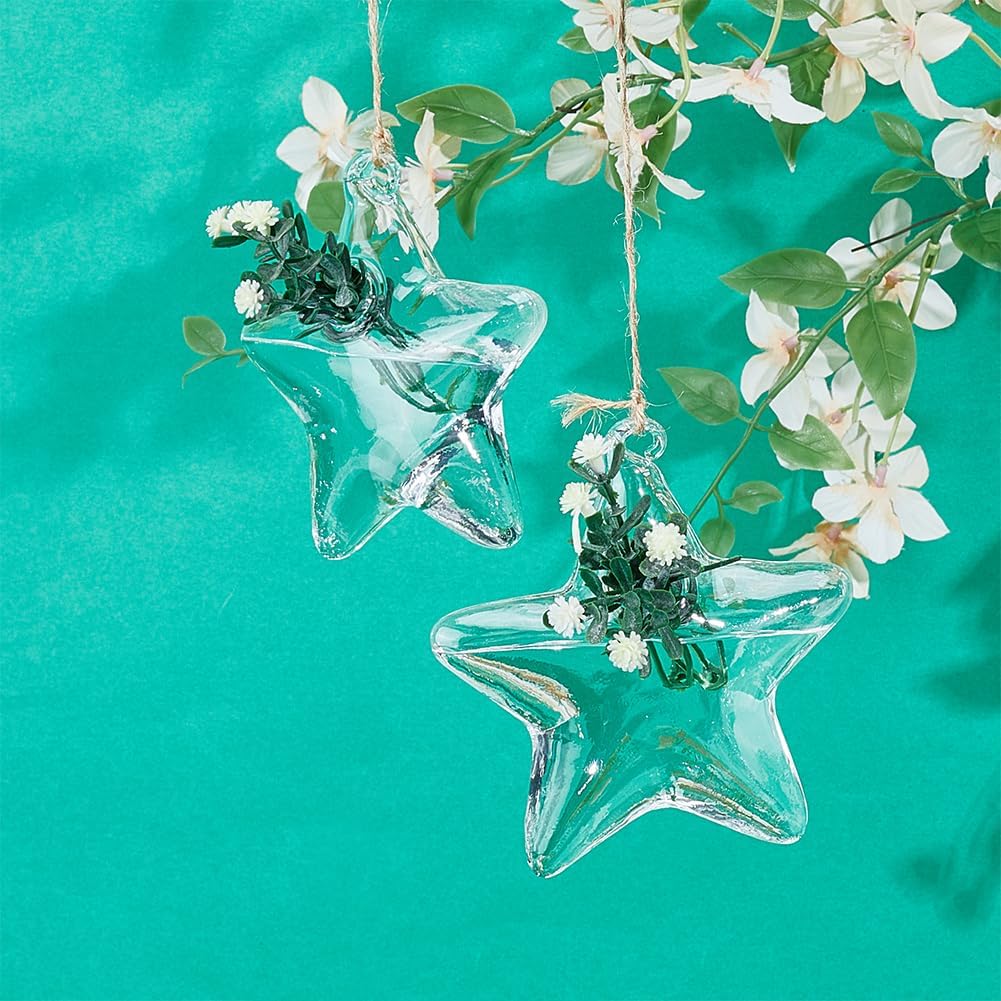 4pcs Glass Hanging Planter Air Fern Holder Hanging Hydroponic Vases with Jute Rope Terrarium Plants Hanger Vase Succulent Planter Terrariums for Moss Air Plants Christmas Decor (Star)