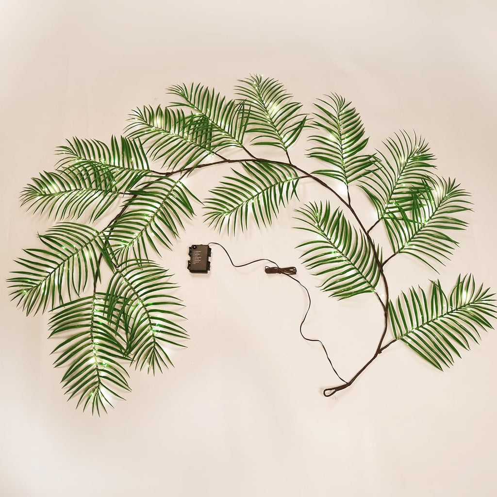 RECUTMS Artificial Palm Leaves Garland Ivy 6FT with 150LED Fairy Lights Battery Operated Faux Tropical Monstera Leaf Greenery Twig Vine Indoor Outdoor Home Christmas Fireplace Mantle Table Decoration