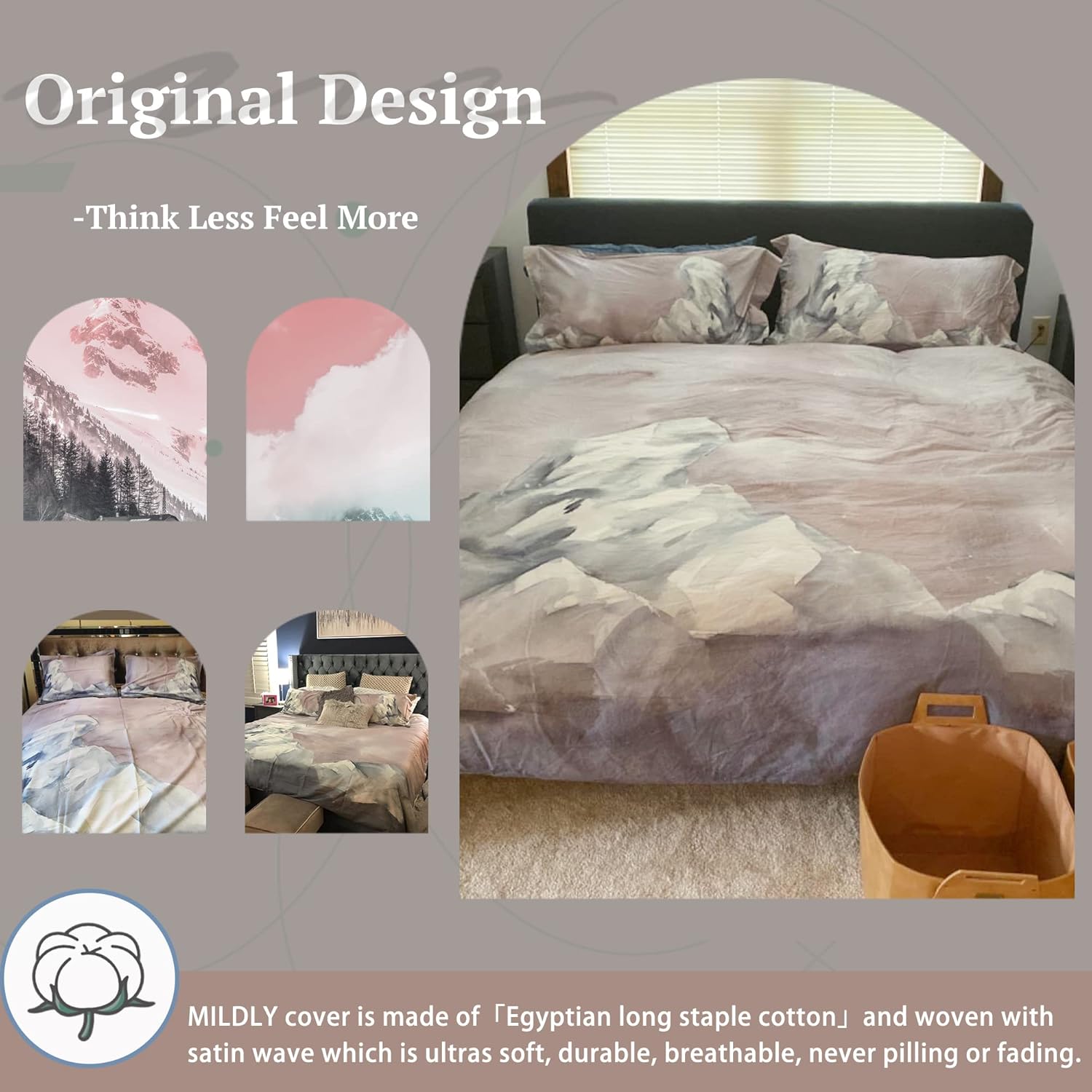 MILDLY 100% Long-Staple Cotton Duvet Cover Set Abstract Gray Pink Marble Pattern Printed Comforter Cover 3pcs, Ultra Soft & Breathable Bedding Set