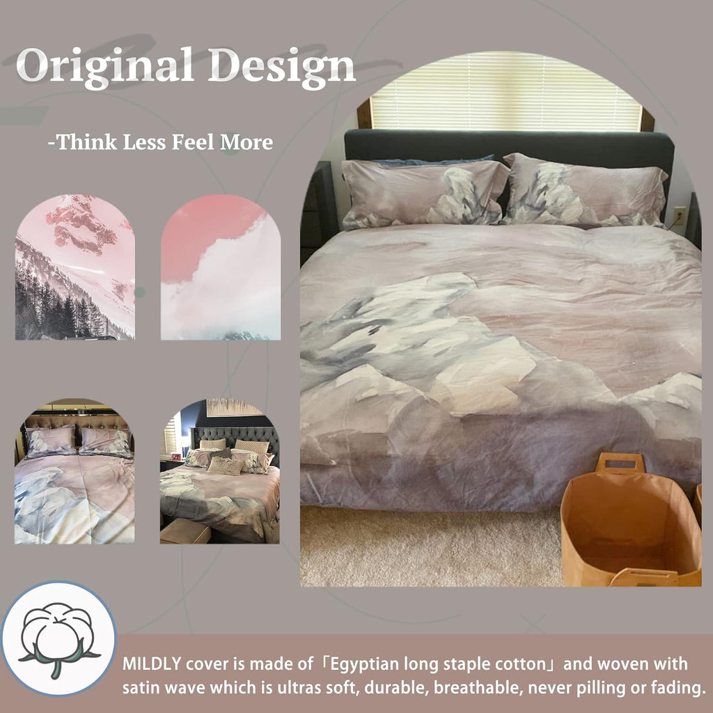 MILDLY 100% Long-Staple Cotton Duvet Cover Set Abstract Gray Pink Marble Pattern Printed Comforter Cover 3pcs, Ultra Soft & Breathable Bedding Set