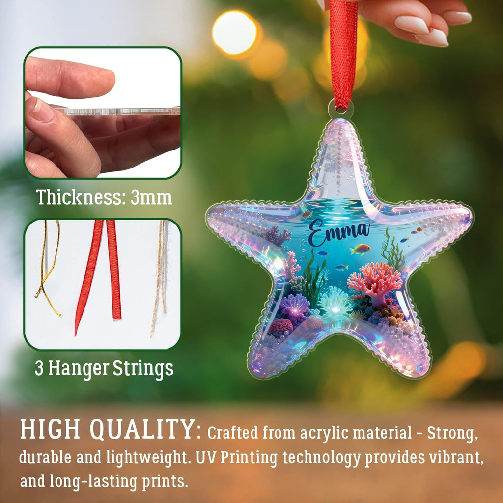 Starfish Xmas Shape Acrylic Ornament Hanging, Personalized Starfish Lover Christmas Ornament 2025 with Name, Starfishes Xmas Decor, Gift for Marine Biologist, Custom Name Sea Animal Ornaments