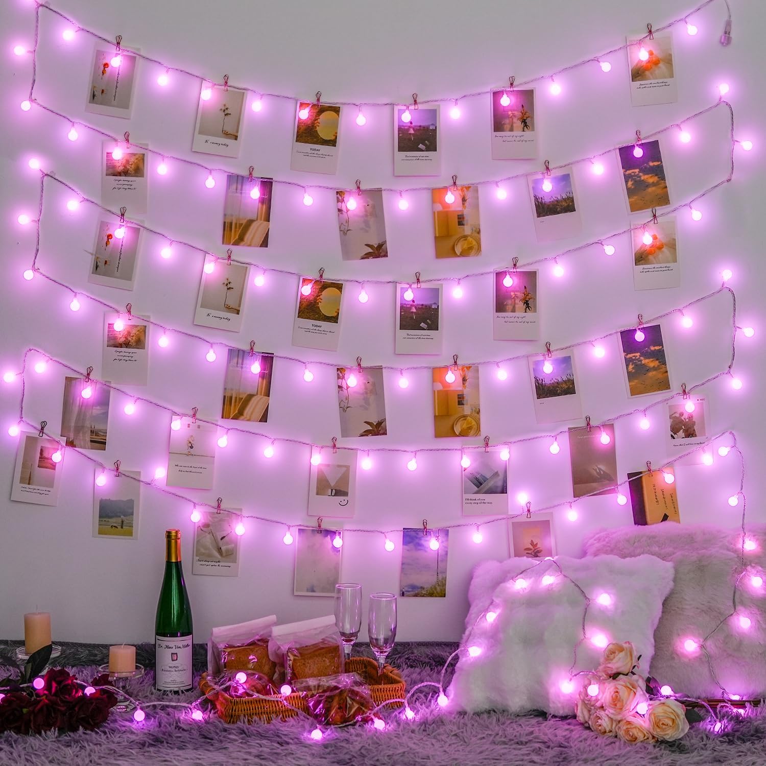 JMEXSUSS 100 LED Pink Christms Lights Indoor, Connectable Globe String Lights Plug in, 8 Modes 33ft Pink Fairy Light with Remote for Bedroom Girl's Room Tree Anniversary Party Christmas Decor