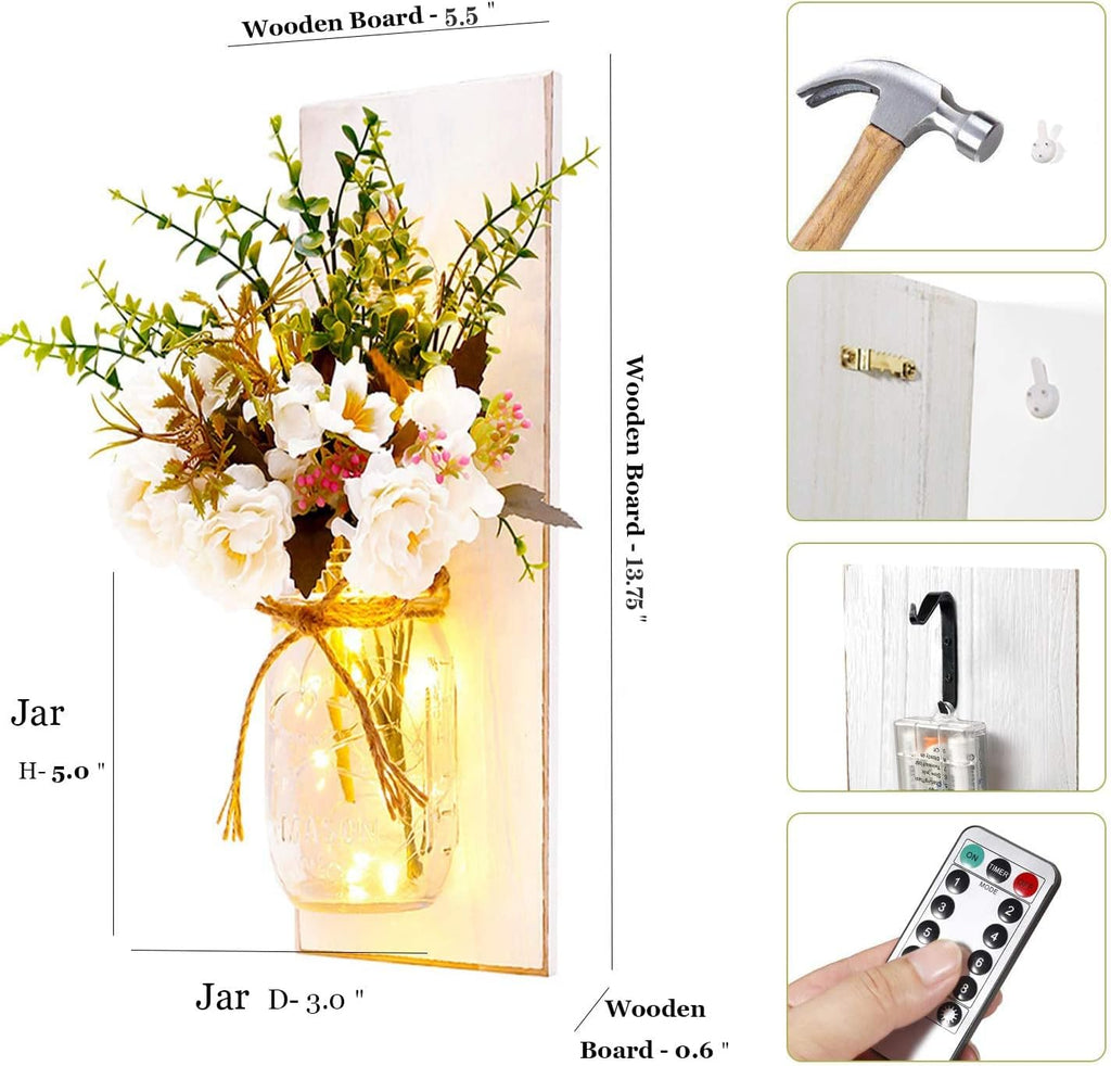 Rustic Wall Sconces Mason Jar Sconces Handmade Wall Art Hanging Design with Remote Control LED Fairy Lights and White Peony, Christmas Decor Gifts Farmhouse Home Decor Living Room Lights Set of Two
