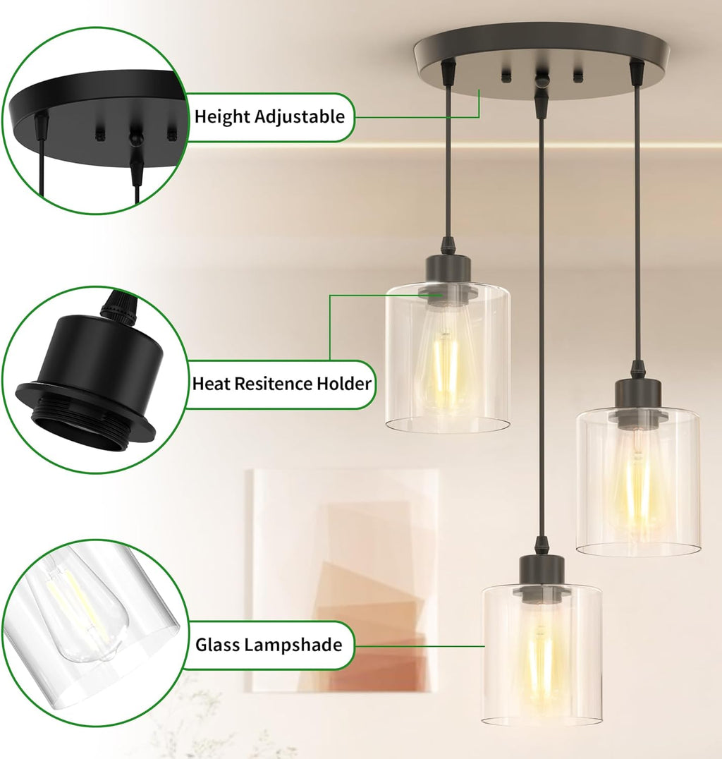 3-Light Pendant Lighting for Kitchen Island, Dining Room, Hallway, Foyer, Entryway, Matte Black Ceiling Light Fixture with Clear Glass and Upgraded 4.7" Shades