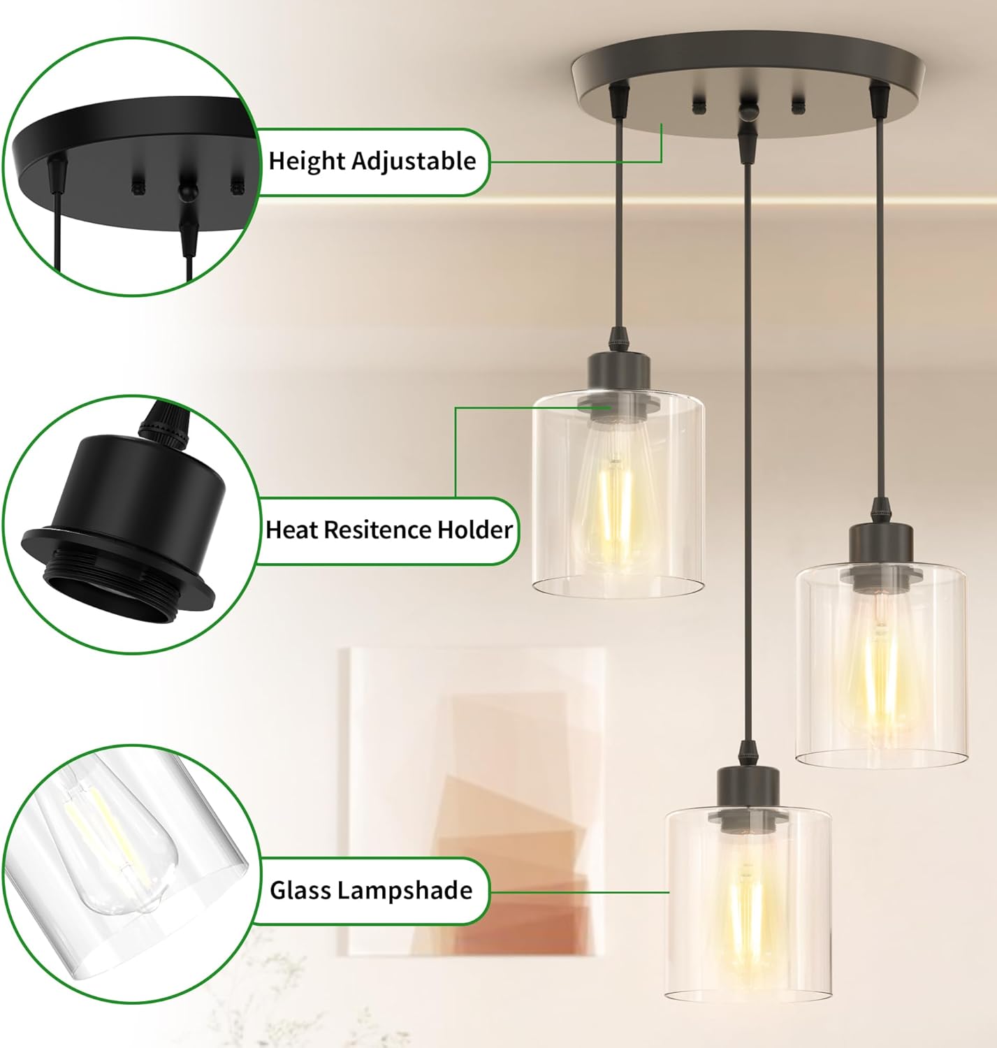 3-Light Pendant Lighting for Kitchen Island, Dining Room, Hallway, Foyer, Entryway, Matte Black Ceiling Light Fixture with Clear Glass and Upgraded 4.7" Shades
