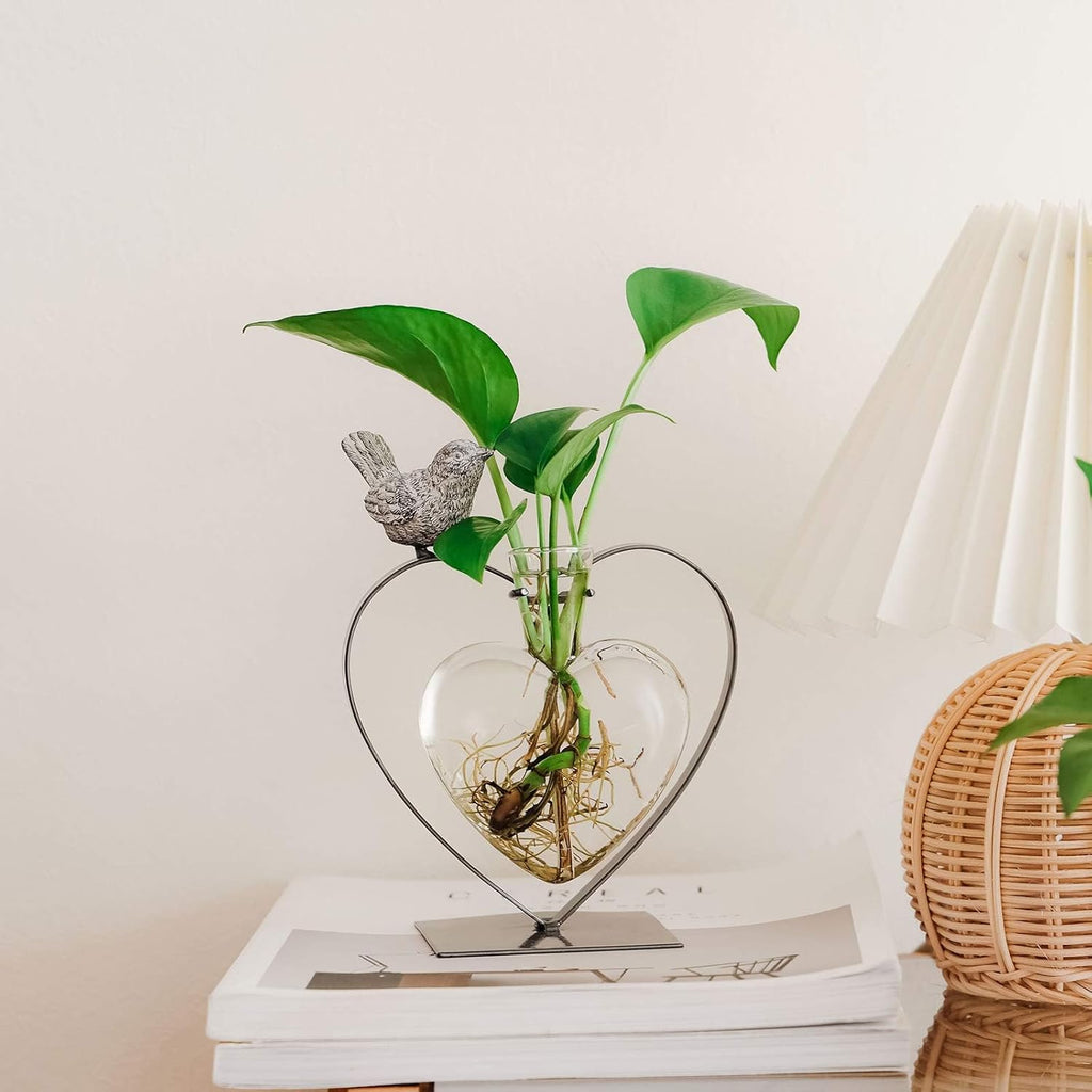 Marbrasse Desktop Glass Vase, Bulb Glass Vases for Holder, Creative Bird with Heart Planter Vase, Plant Terrarium Metal Stand for Modern Office Home Wedding Decorations