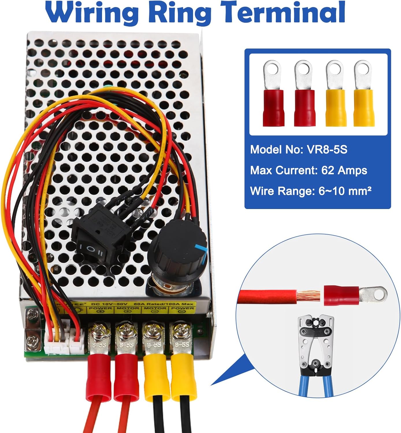 Industrial Grade PWM DC Motor Speed Controller, DC 10V-50V / Rated 60A / Max 100A Industrial Grade DC Brush Motor Controller with Fuse & CW/CCW Switch & Potentiometer Knob
