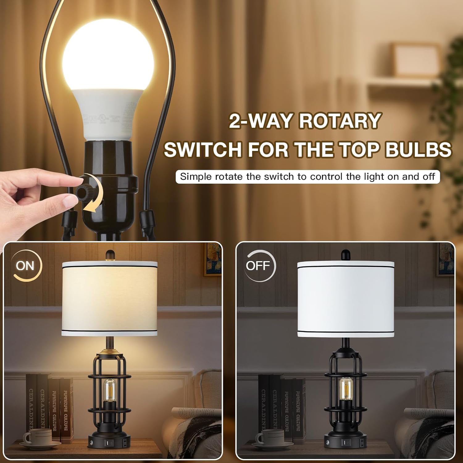 Modern Table Lamps, Industrial 3-Way Dimmable Bedside Lamp with USB A+C Ports & AC Outlet, Touch Control Rustic Nightstand Lamp LED Night Light for Living Room Bedroom Decor Home(4 Bulbs Included)