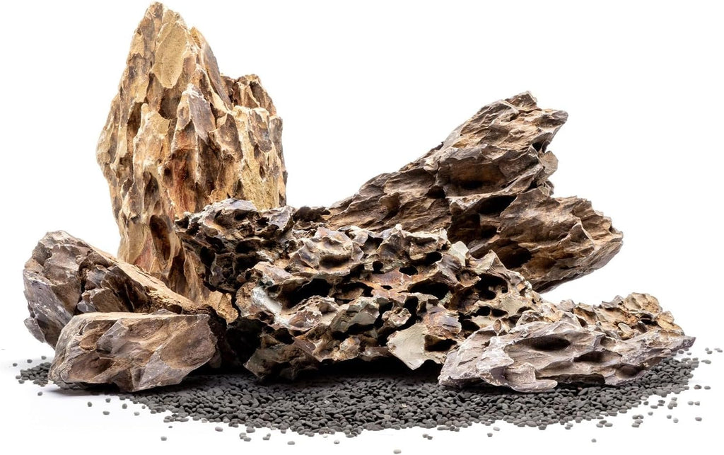 SubstrateSource Natural Aquarium Stones - Ohko w/Mixed Reds, Yellows & Browns, Scale-Like Texture - Freshwater Aquascaping, Betta Fish & Shrimp Tank Decorations, Zen Garden Layouts - Dragon, 16 LB