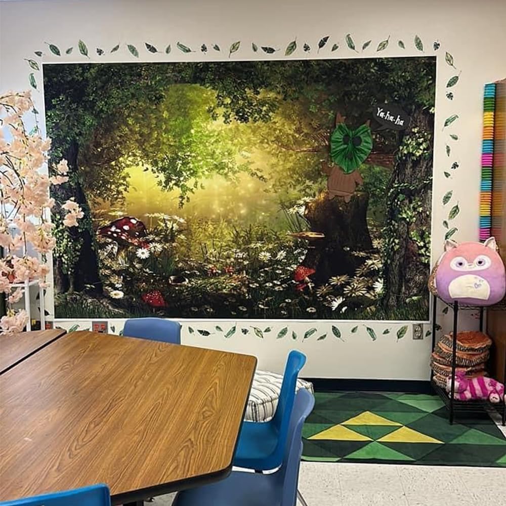 Fairy Tale Forest Wonderland Backdrops for Photography Vinyl 9x6ft Green Trees Wildflowers Daisy Mushroom Scenery Photo Background Portrait Kid Boy Girl Photoshoot Studio Prop Party Decor