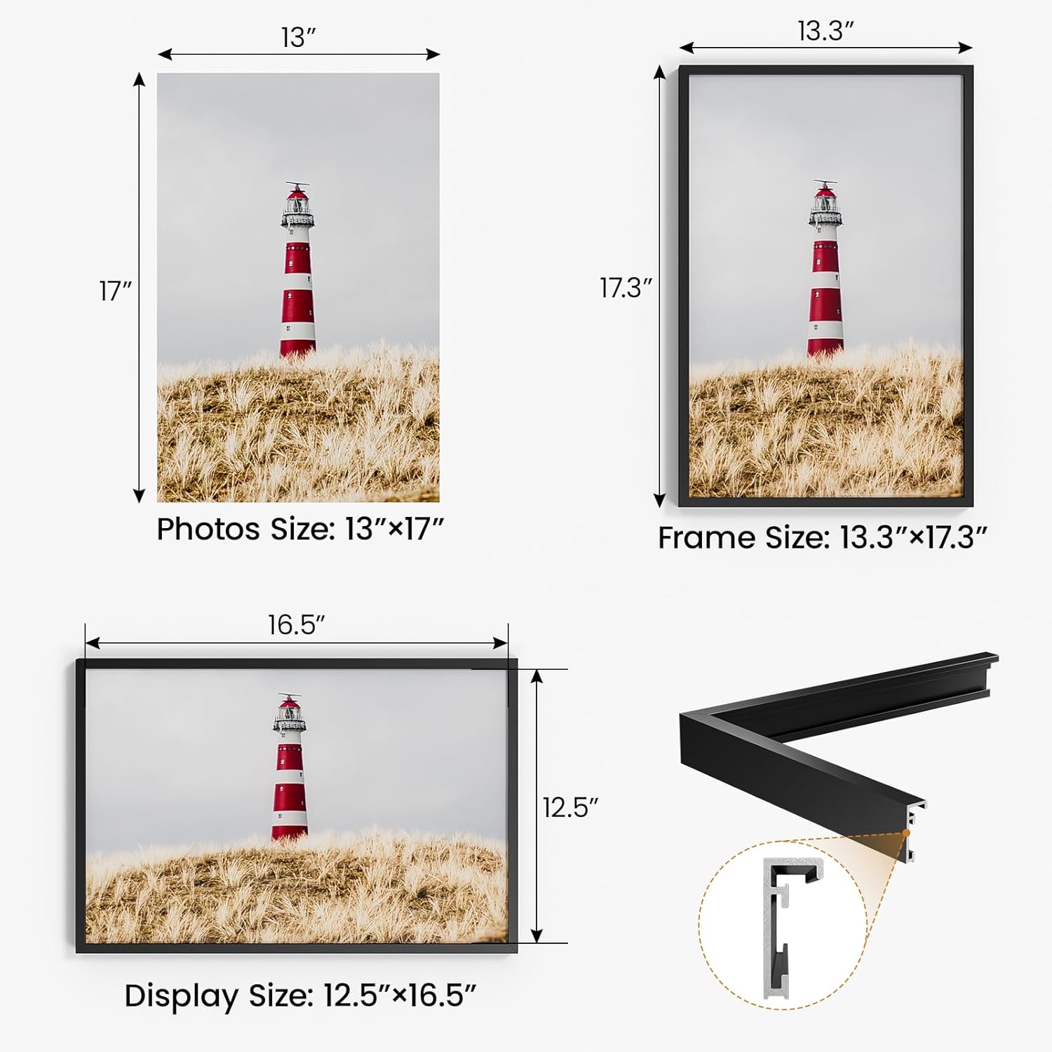 13x17 Aluminum Metal Picture Frame,Tempered Glass Black Photo Frame 13x17 for Family Photo,Posters,Art,Document to Wall Mount Horizontally or Vertically
