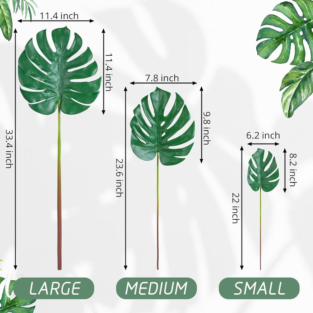 6pcs Artificial Monstera Leaves with Long Stem,Fake Tropical Palm Leaves for Hawaiian Luau Jungle Party Home Wedding Decor (Mix- S | M | L)