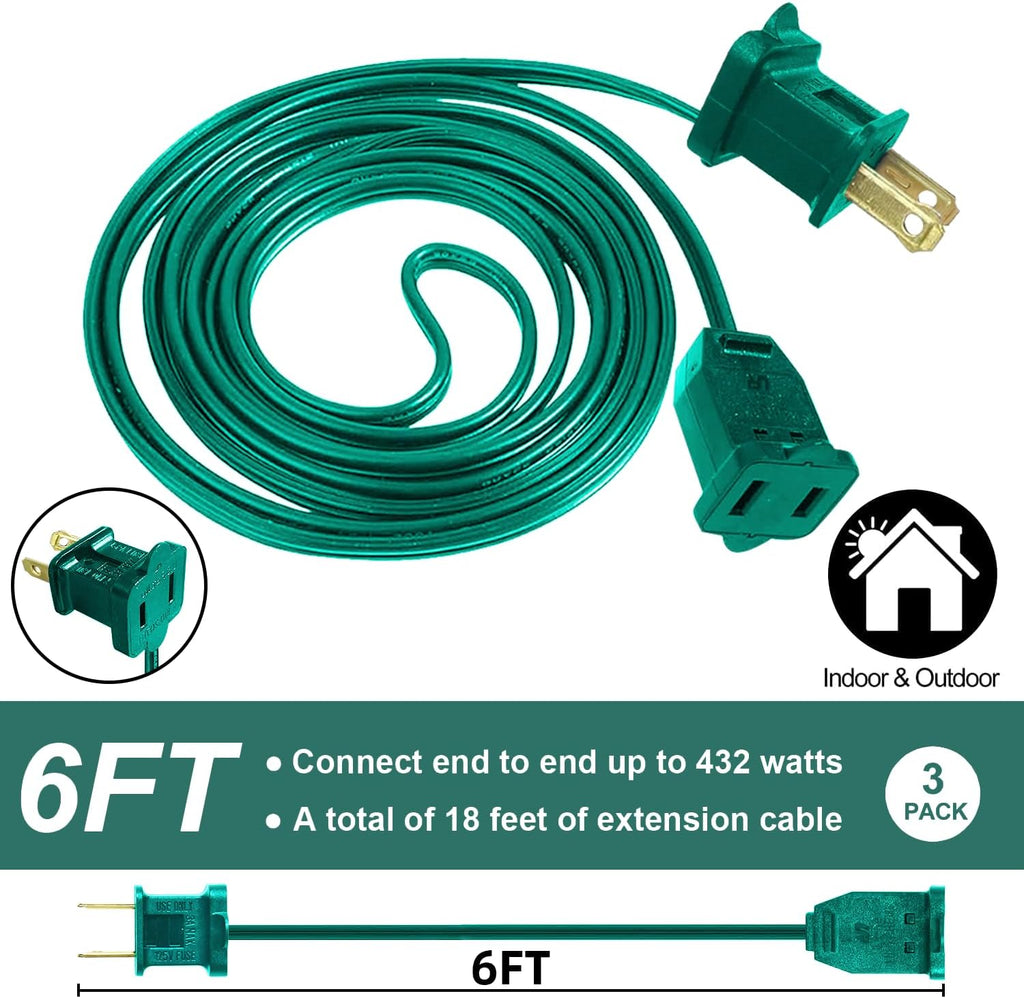 3 Pack 2 Prong Polarized Extension Cord Green Extension Cord 6 Feet with Stackable Unpolarized Plug, 5A 120V 432W, for Connect/Extend Indoor Outdoor Christmas Lights String (18 Feet)