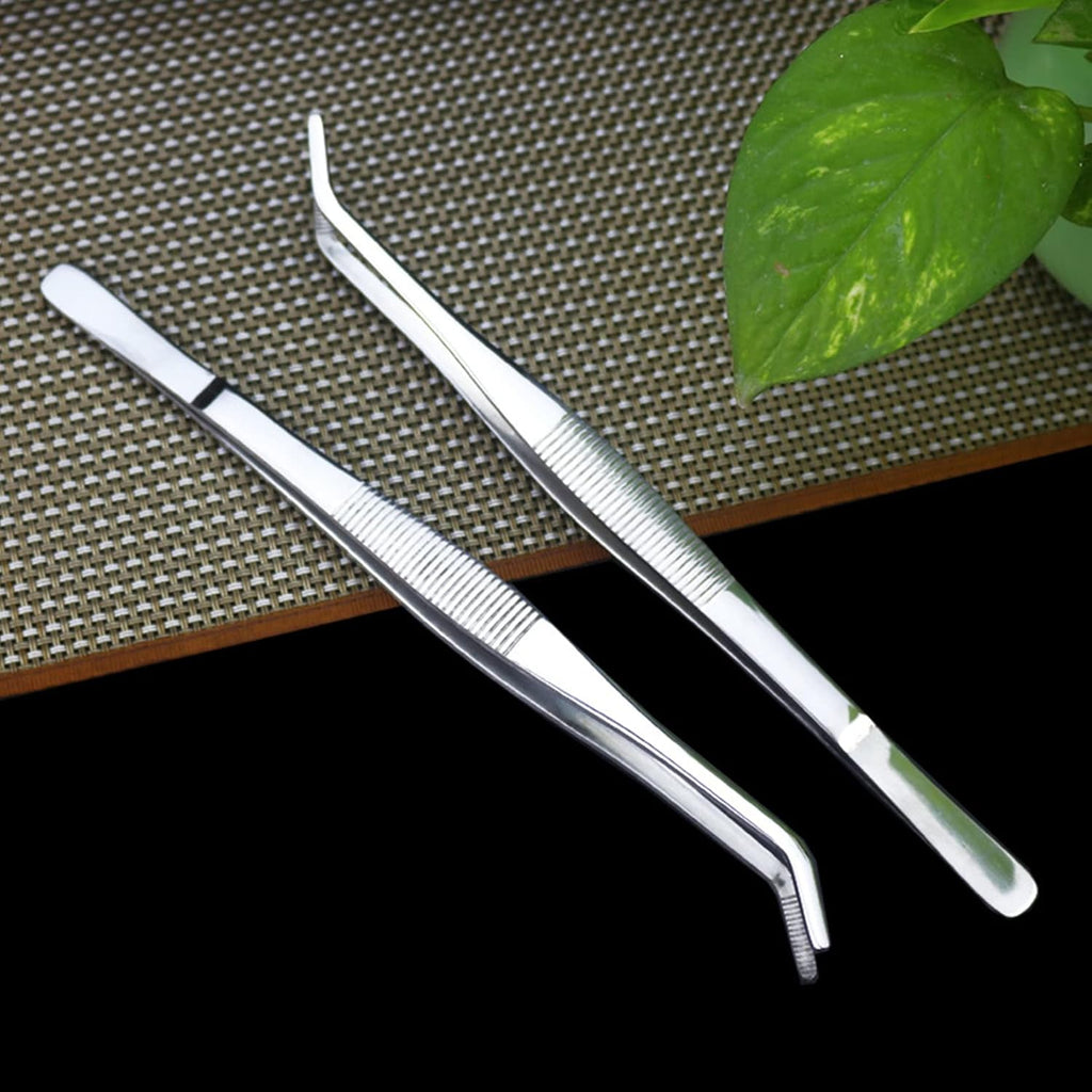 Long Forceps Tweezers, Serrated Bent Flat Tips Precision Curved Science Surgical Tongs Jewelers Needle Metal Sewing Sharp Small Kitchen Cooking Tweezers With Teeth Knurled Handles (1PCS)