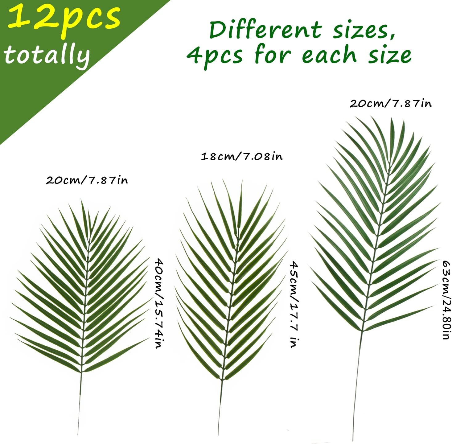 CCINEE 12 PCS Artificial Palm Leaves, Assorted Sizes Faux Large Palm Fronds Fake Tropical Plant Simulation Safari Leaves with Stems for Home Hawaiian Luau Party Jungle Beach Theme Party Decoration