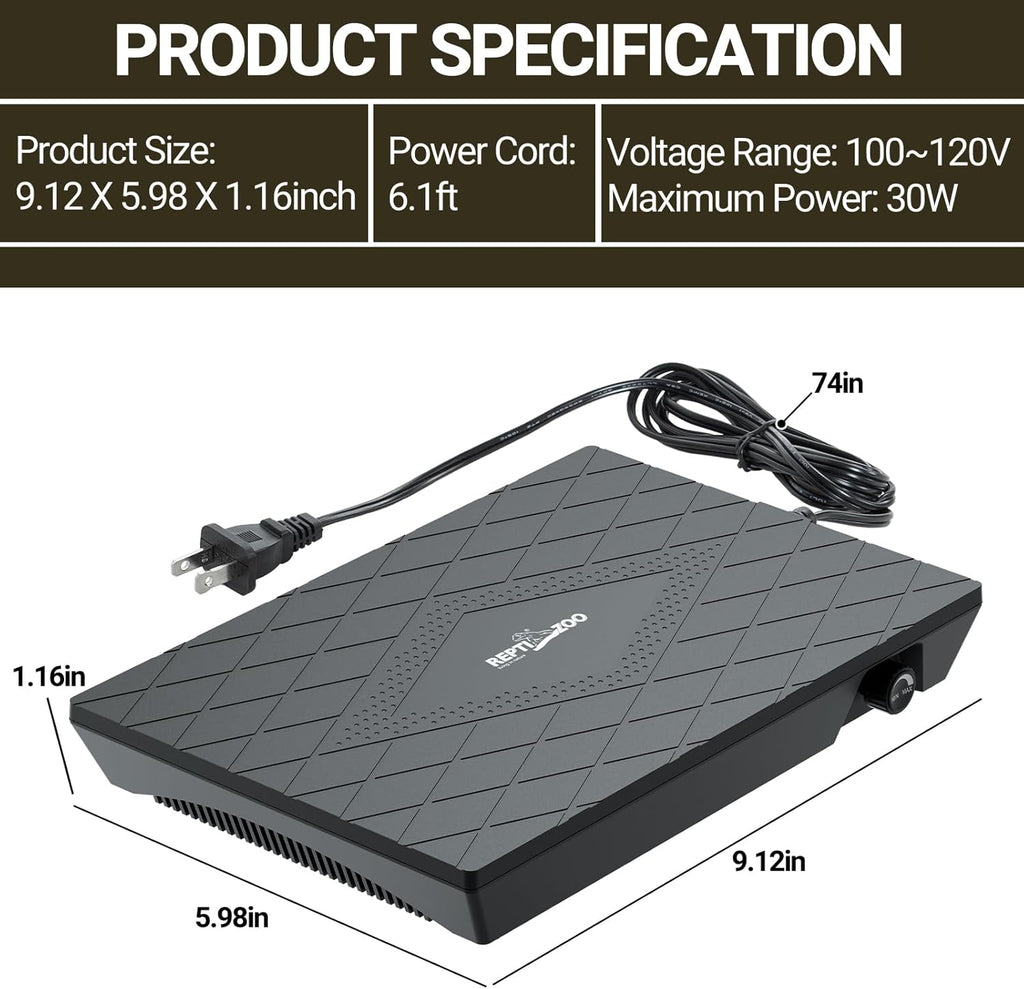 REPTI ZOO Reptile Heat Panel Adjustable Temperature Reptile Heating Plate, Non-Light Heating Solution with Expanded Heating Range for Hermit Crabs/Leopard Geckos/Turtles/Snakes/Lizards