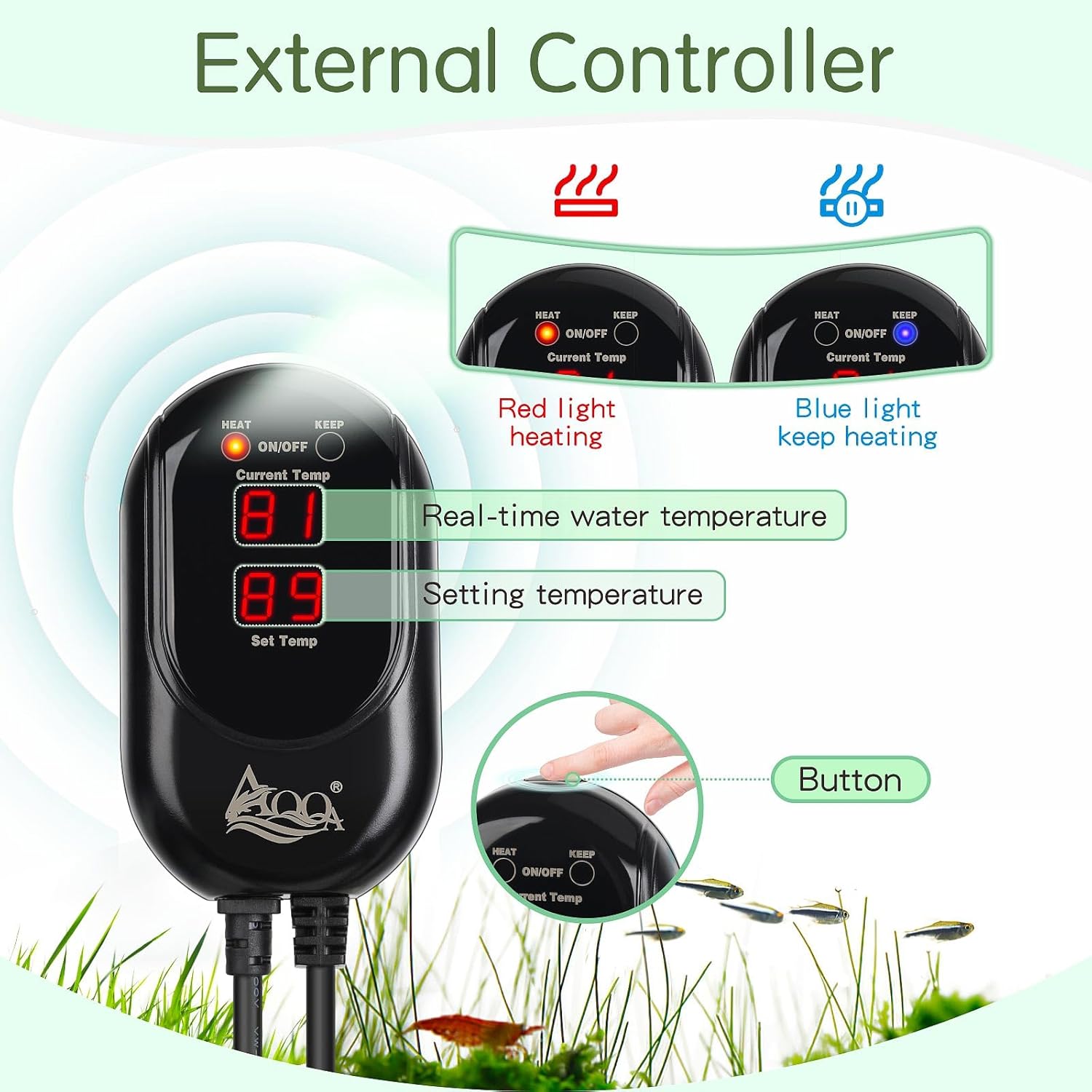 AQQA Fish Tank Heater,Aquarium Heater 50W 150W 250W 400W 500W 800W for 3-220 Gal,Set Temperature 59℉-93℉ Temperature Accuracy,Out of Water or High Temperature Automatic Power Off (200W)