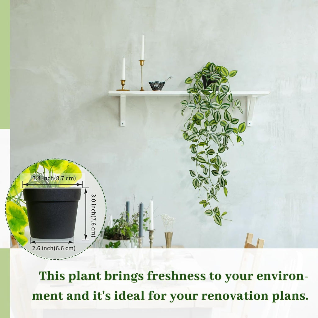 Artificial Plants Indoor Small Potted Hanging Vine plnat 39-in Long Fake Green Eyebrow Leaf Plant Faux Trailing Plant for Home Office Livingroom Desk Shelf Mantle Decoration (Black Pot)