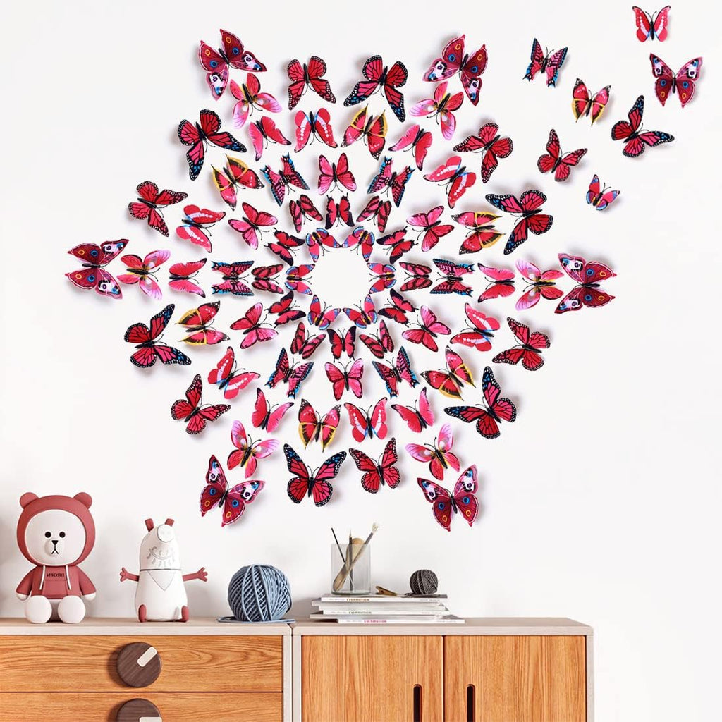 LiveGallery 72 PCS Rose Red Removable 3D DIY Beautiful Butterfly Wall Decals Colorful Butterflies Art Decor Wall Stickers Murals for Kids Baby Boy Girls Bedroom Classroom Offices (Rose Red)