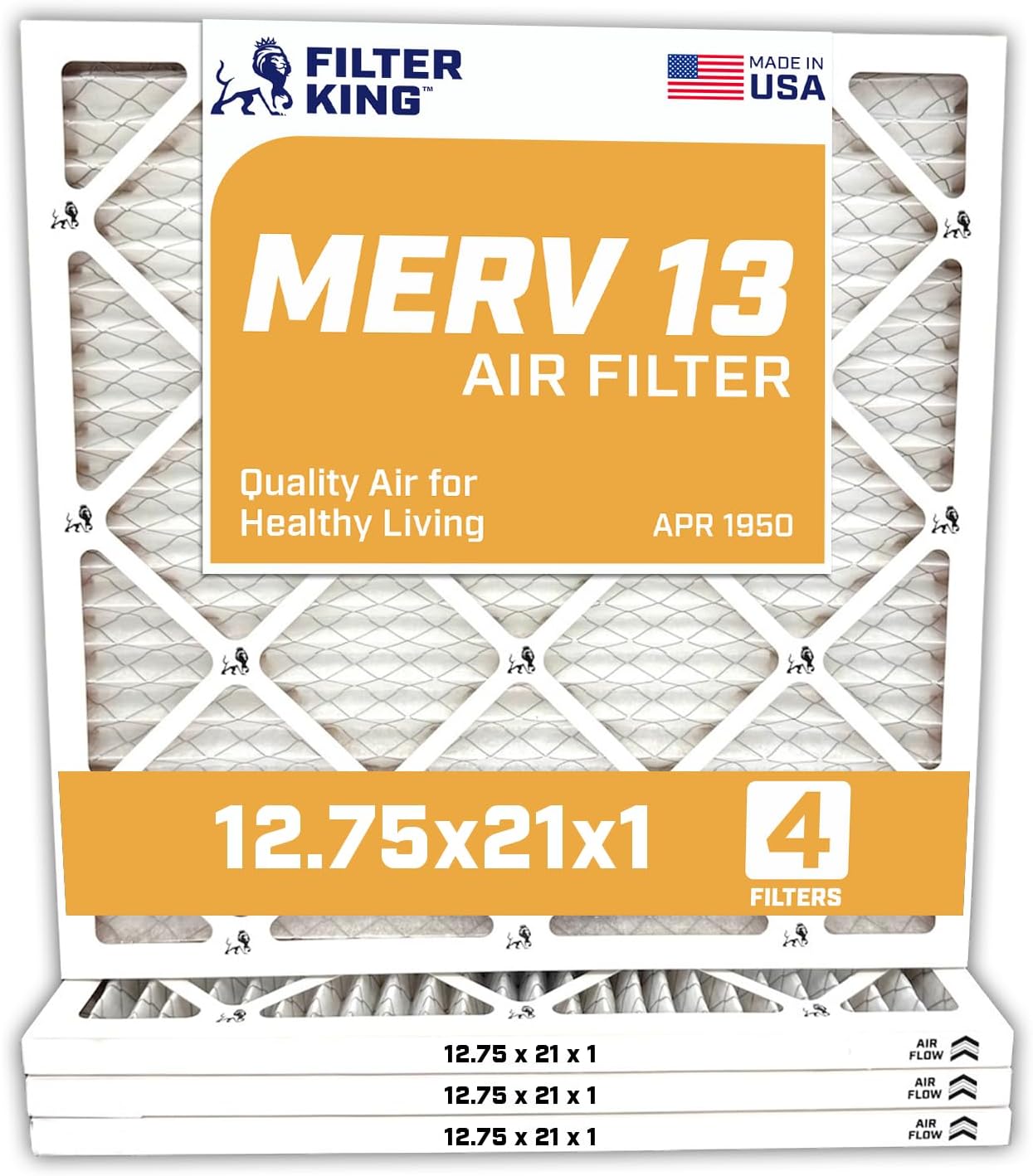 Filter King Air Filters 12.75x21x1 | 4-PACK | MERV 13 HVAC Pleated AC Furnace Filters | Air Purifier | Replacement Filters for Clean, Healthy & Fresh Environment | MADE IN USA