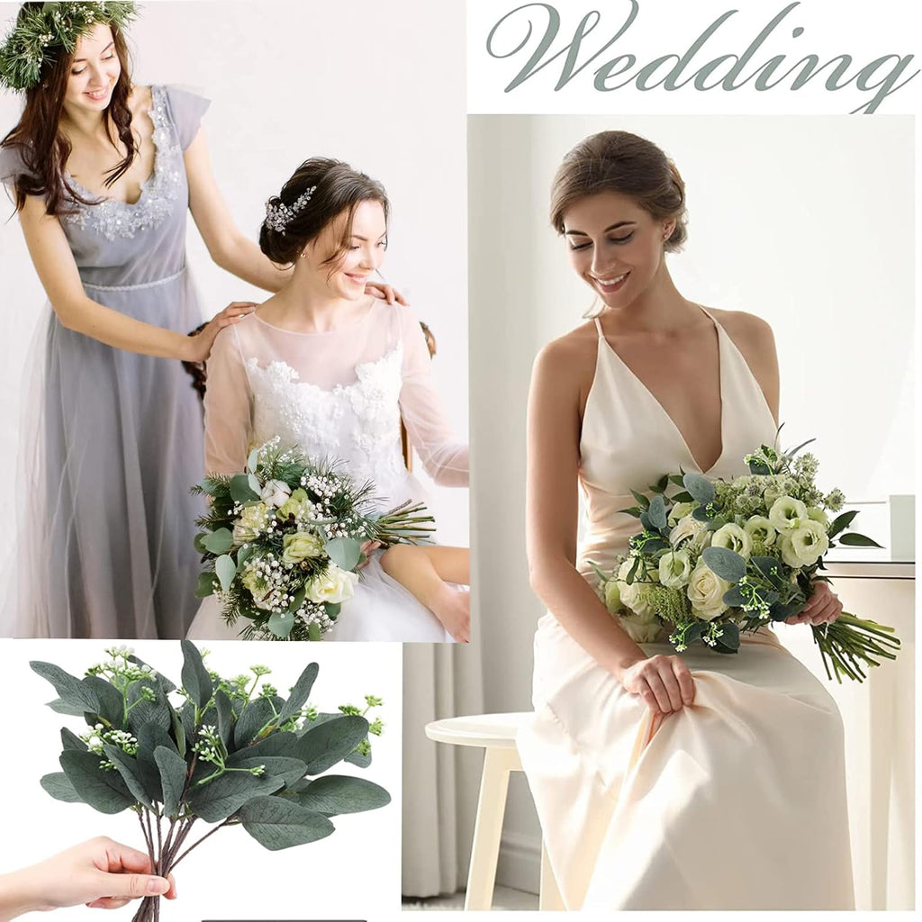 64 PCS Artificial Greenery Stems,Silver Dollar Eucalyptus Stems with 384 Eucalyptus Leaves White Seed Branches for Flower Arrangements,Wedding Bouquets