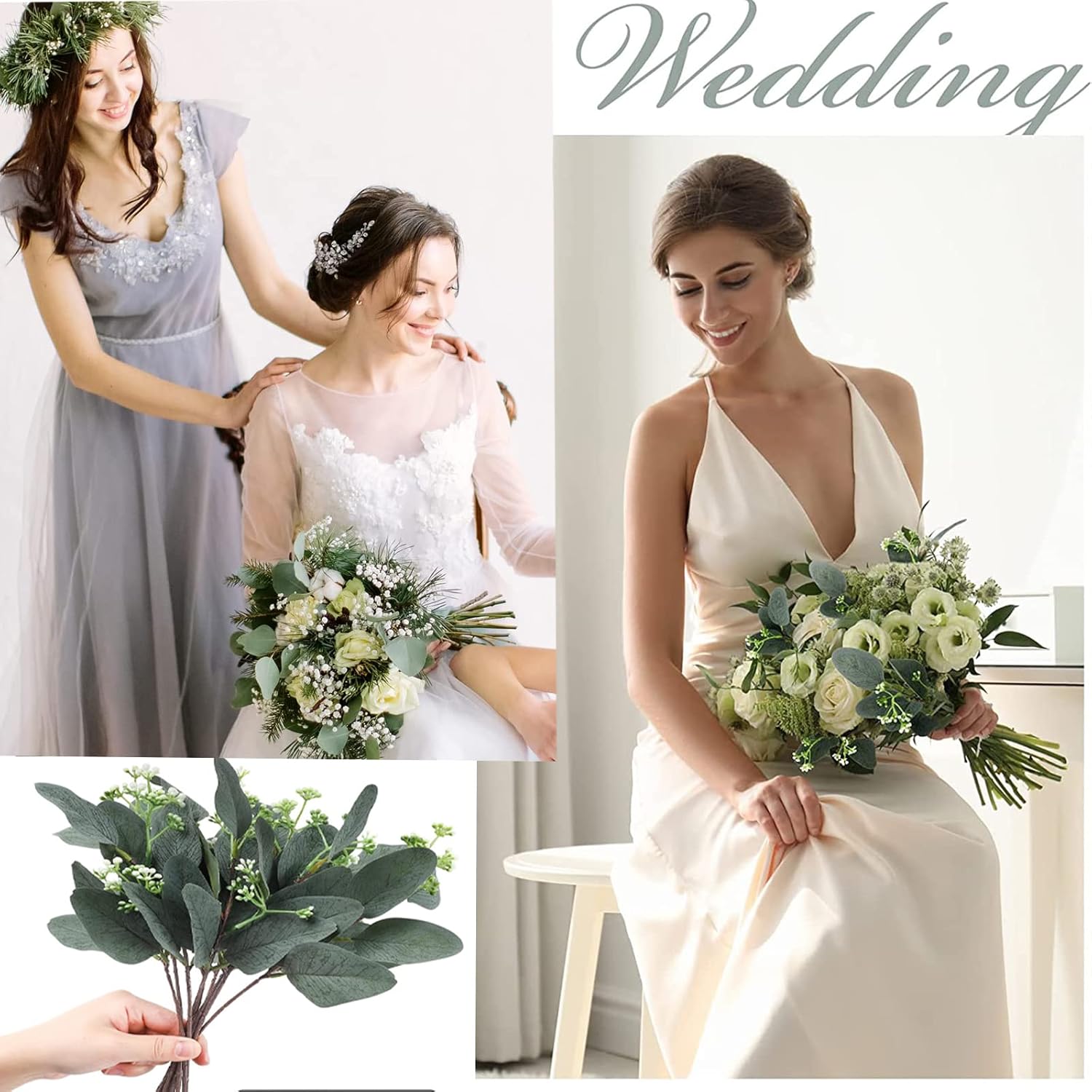 64 PCS Artificial Greenery Stems,Silver Dollar Eucalyptus Stems with 384 Eucalyptus Leaves White Seed Branches for Flower Arrangements,Wedding Bouquets