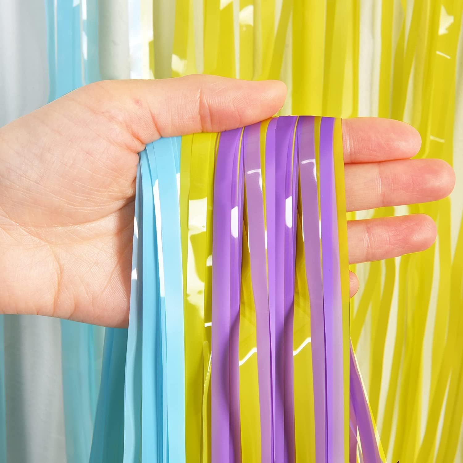 BRAVESHINE Tinsel Foil Fringe Curtains - 2Pcs 3.2x8.2ft Pastel Colourful Photo Backdrop for Christmas New Years Princess Birthdays Easter Bunny Bridal Shower Fairy Kids Candy Donuts Party Decorations