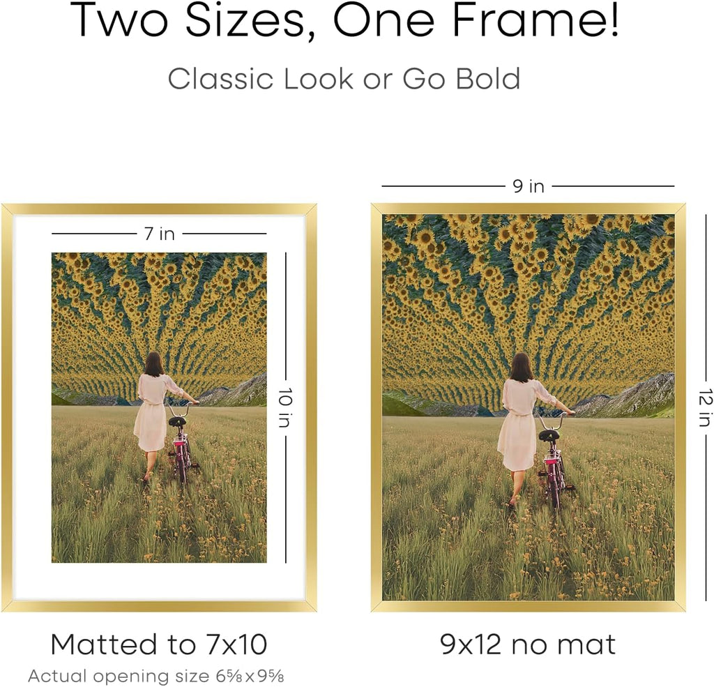 Homeforia 9x12 Gold Frame, High End Metal 9 x 12 Picture Frames with Mat 7 by 10 inch Photo, 9by12 Thin Poster Frame Matted to 7x10 Art, 12x9 Wall or Tabletop Frame, Tempered Glass, Wall Kit, Set of 3